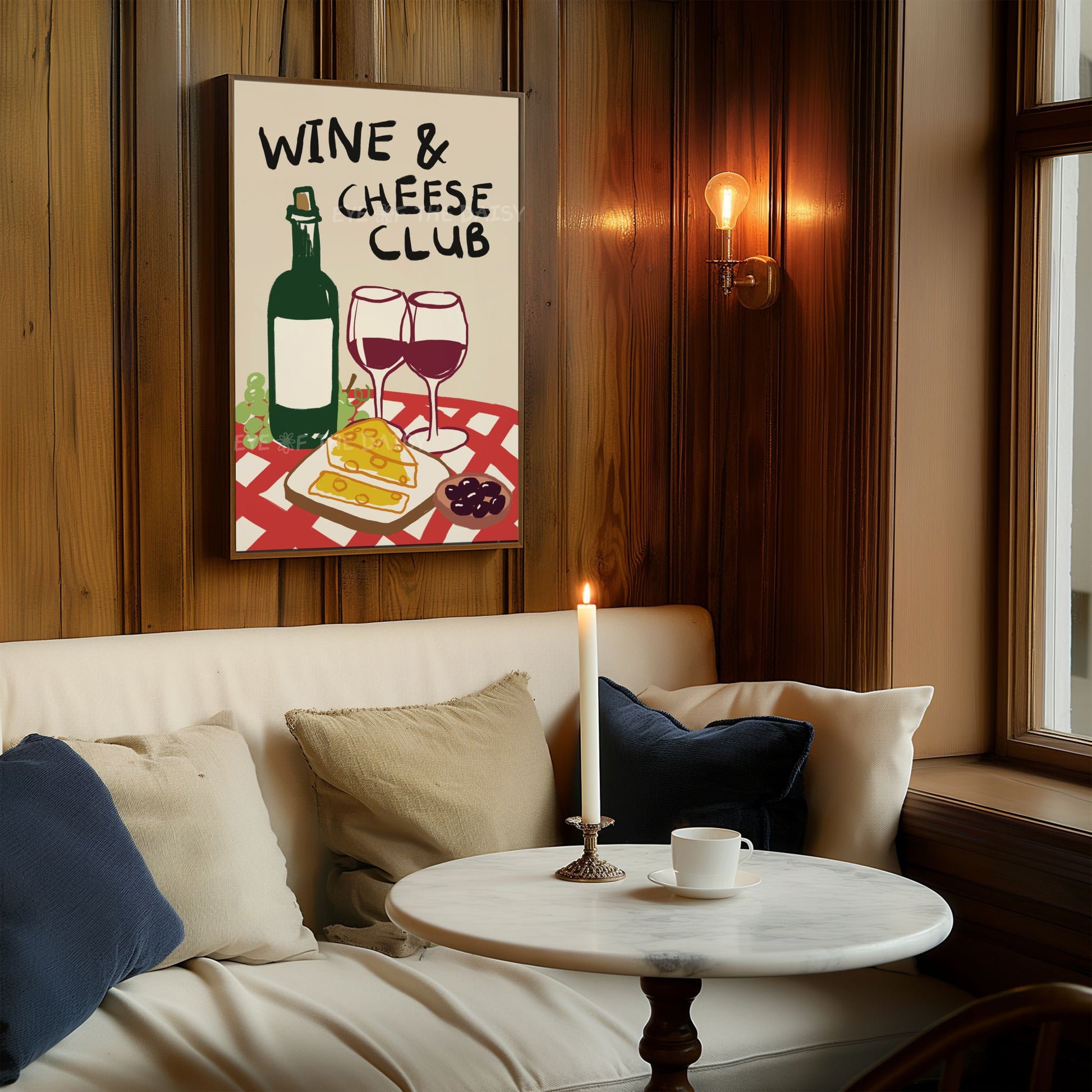 Wine & Cheese Club kitchen print – poster download, fun food sketch perfect for stylish vacation rental decor and cozy corners