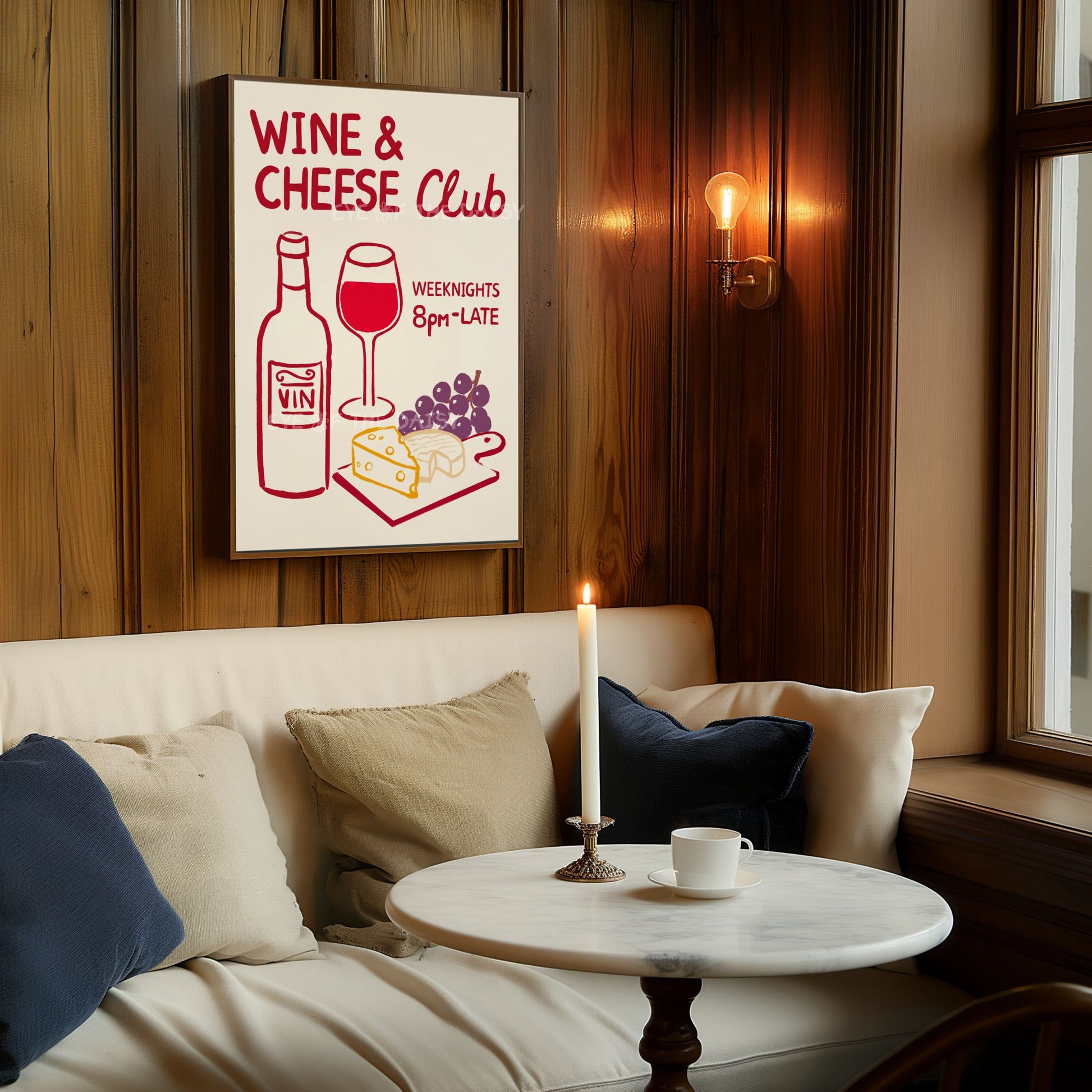 Cozy corner with a 'Wine & Cheese Club' downloadable art print, trendy foodie poster