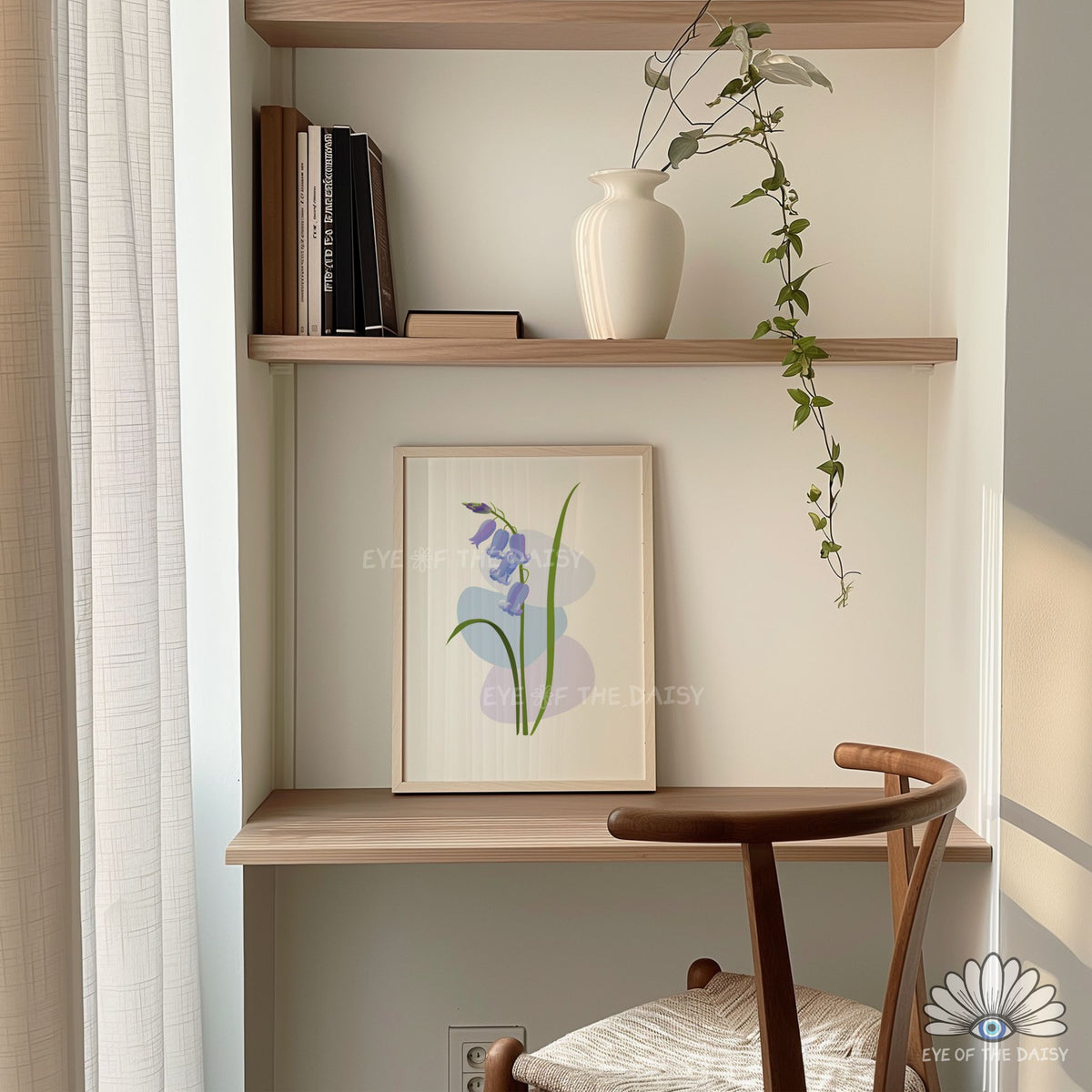 simple pastel blue botanical print, minimalist floral wall art for cottagecore bedroom corners