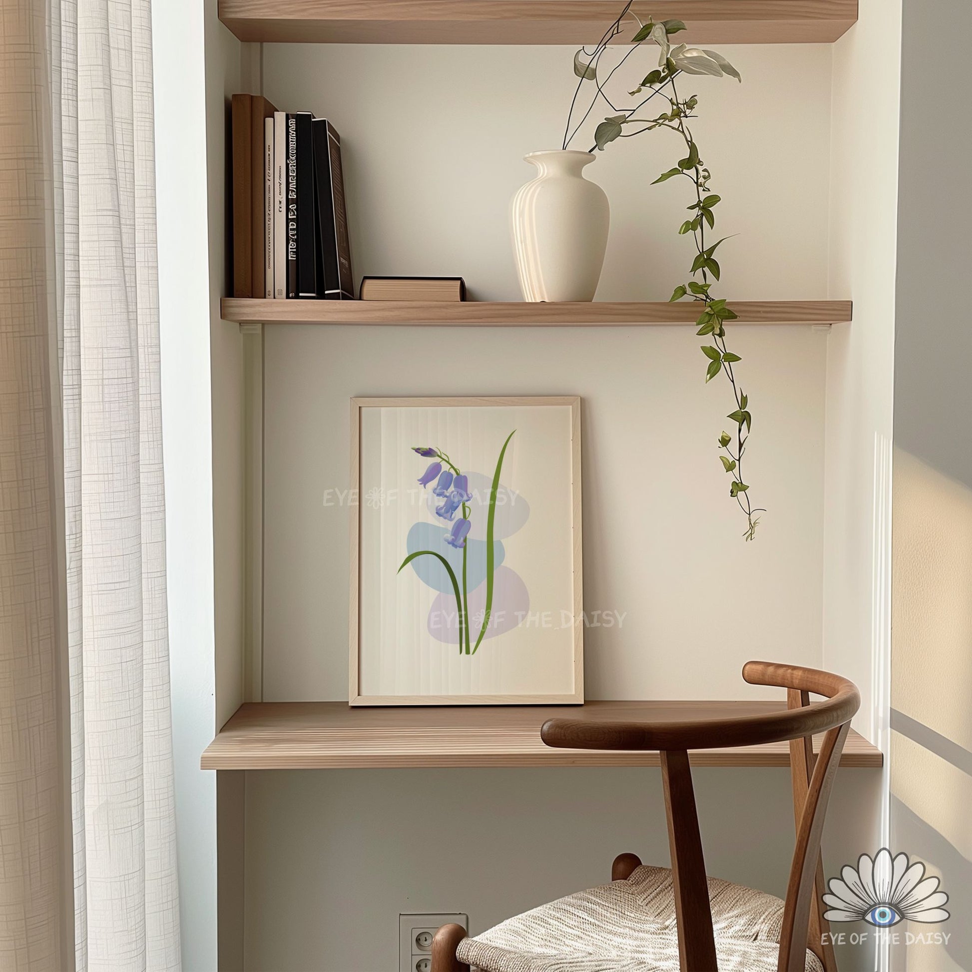 simple pastel blue botanical print, minimalist floral wall art for cottagecore bedroom corners