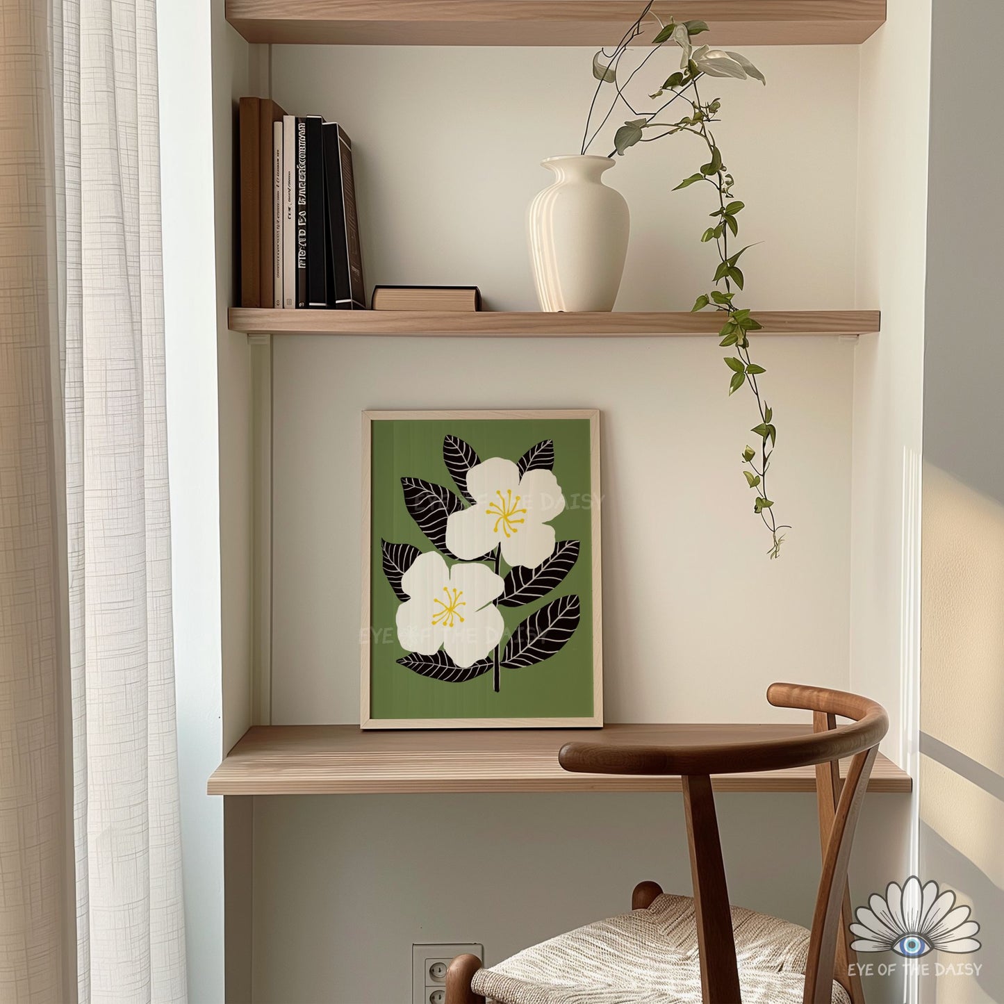 Minimal olive green botanical wall art digital download for boho or Scandinavian living room decor