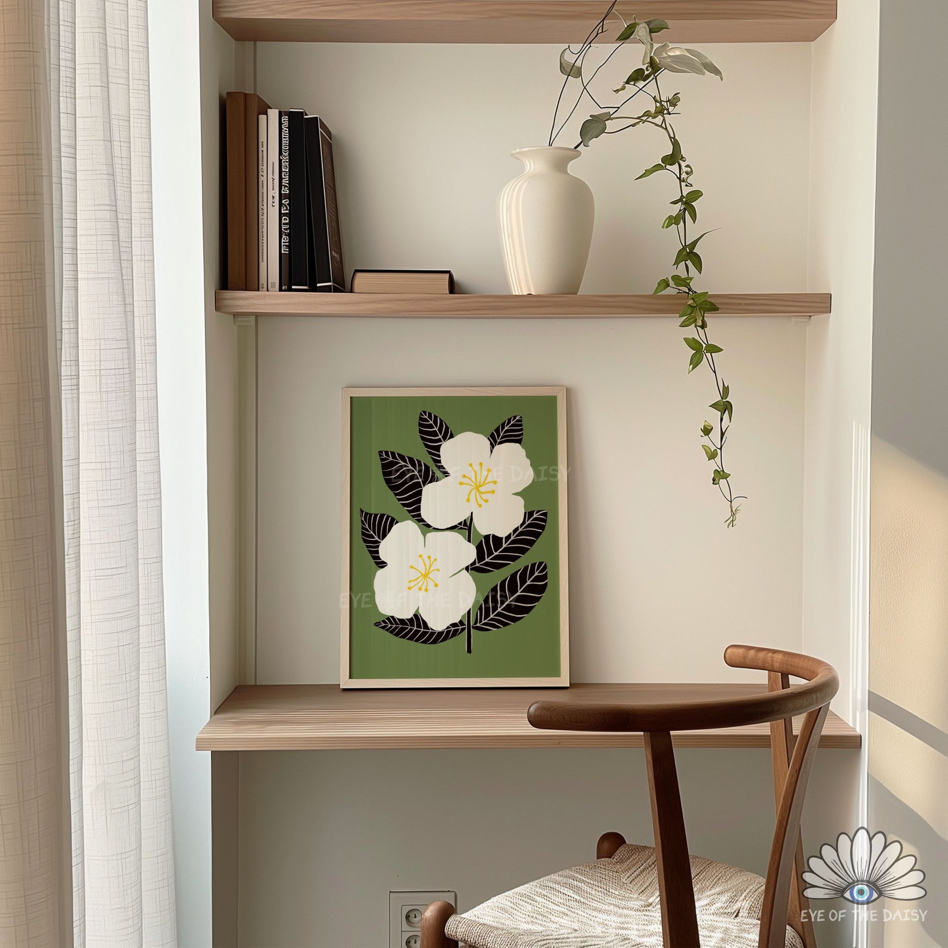 Minimal olive green botanical wall art digital download for boho or Scandinavian living room decor