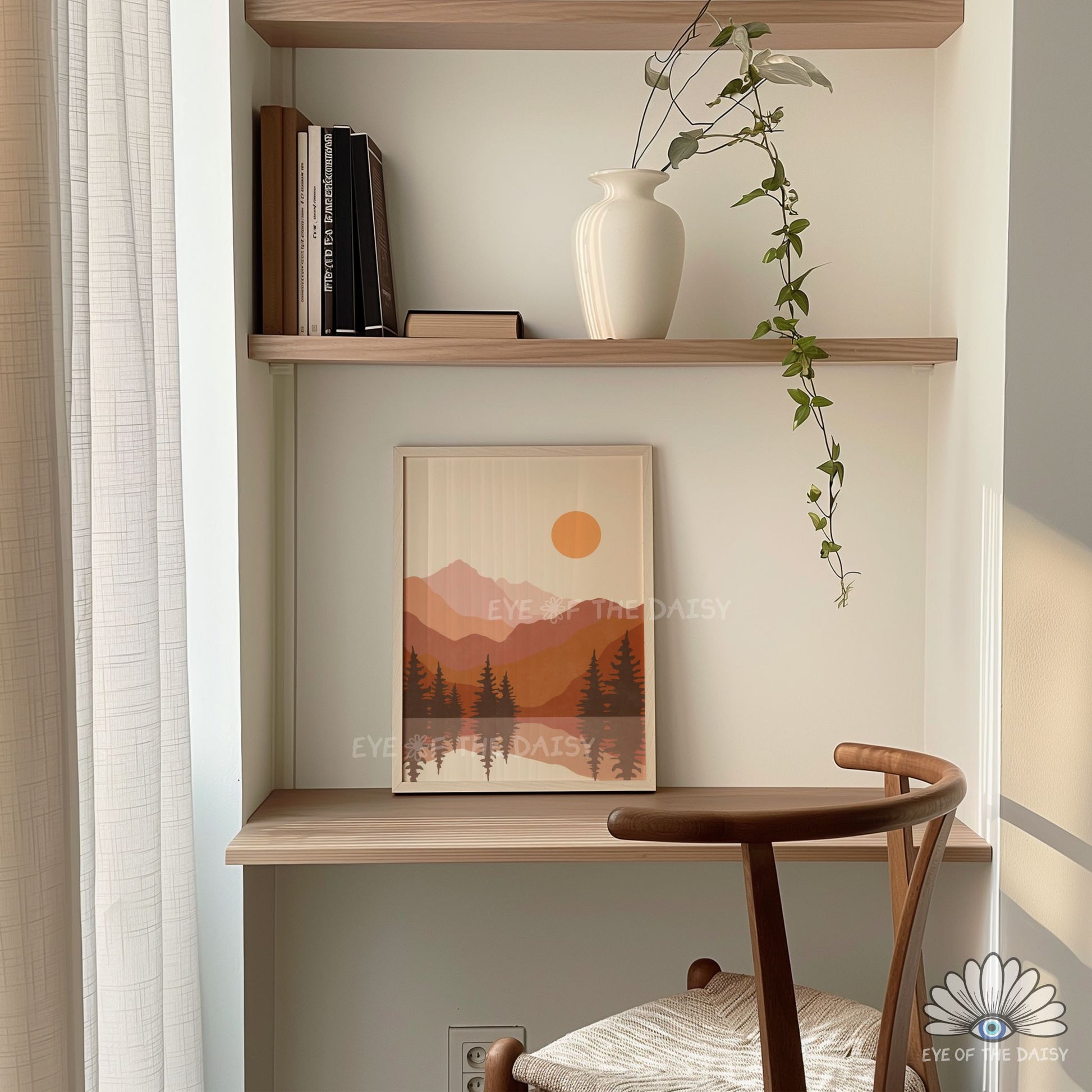Minimalist terracotta lake landscape print, printable gallery poster for cosy corner