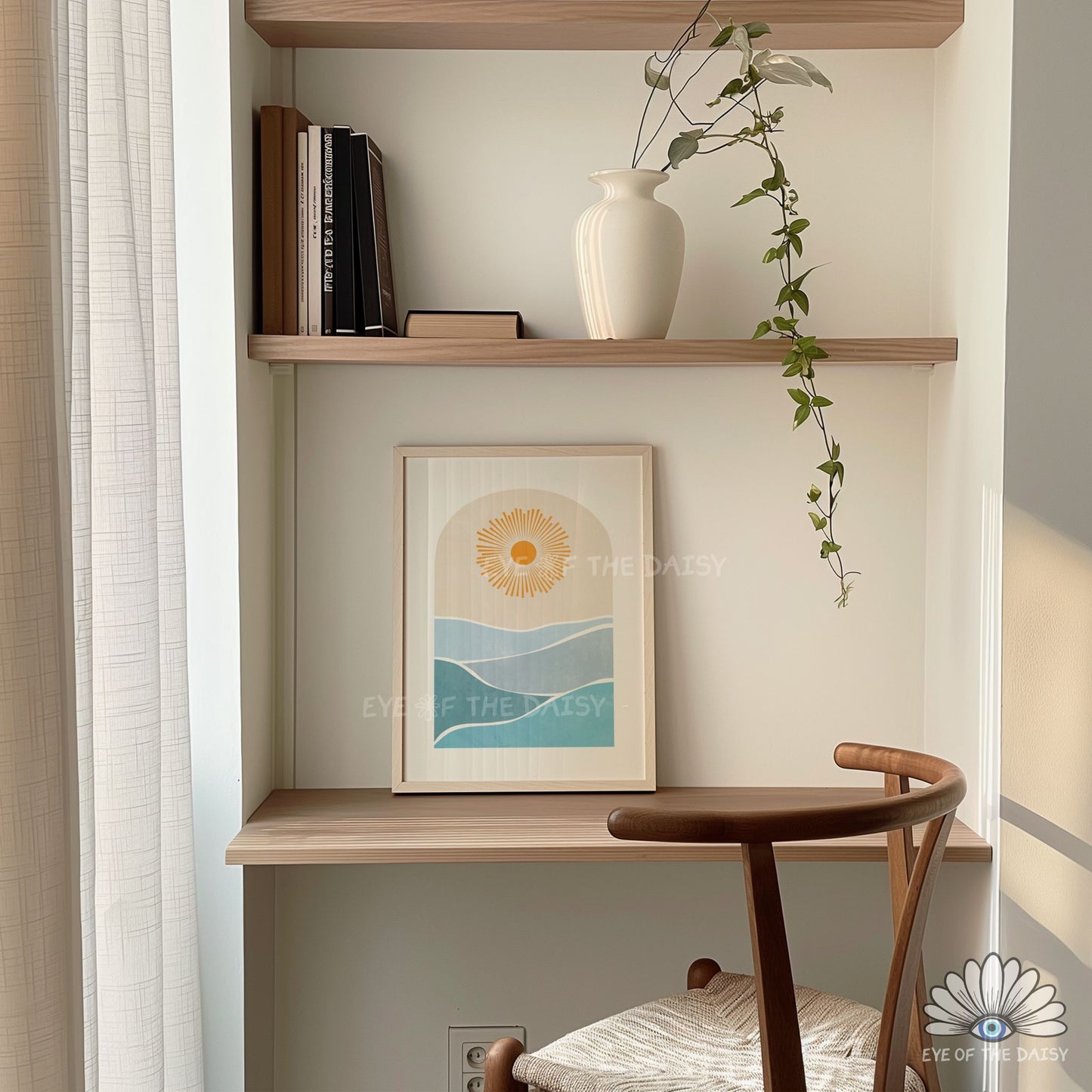 Minimal sun and sea print, modern boho ocean waves printable wall art for the living room