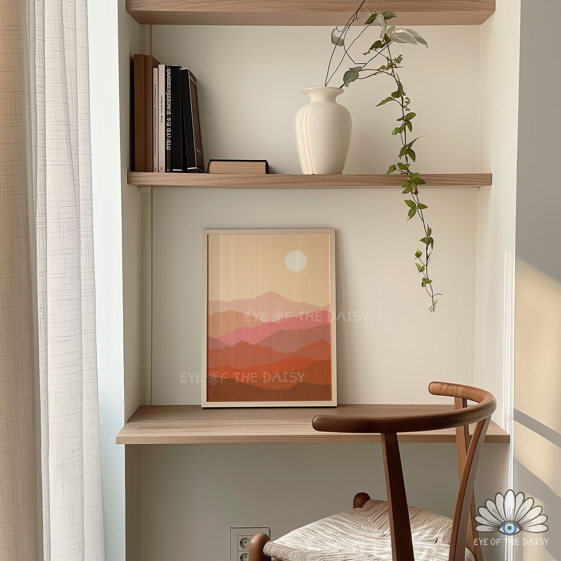 Boho mountain printable wall art in warm terracotta earthy tones, natural bathroom art print instant download