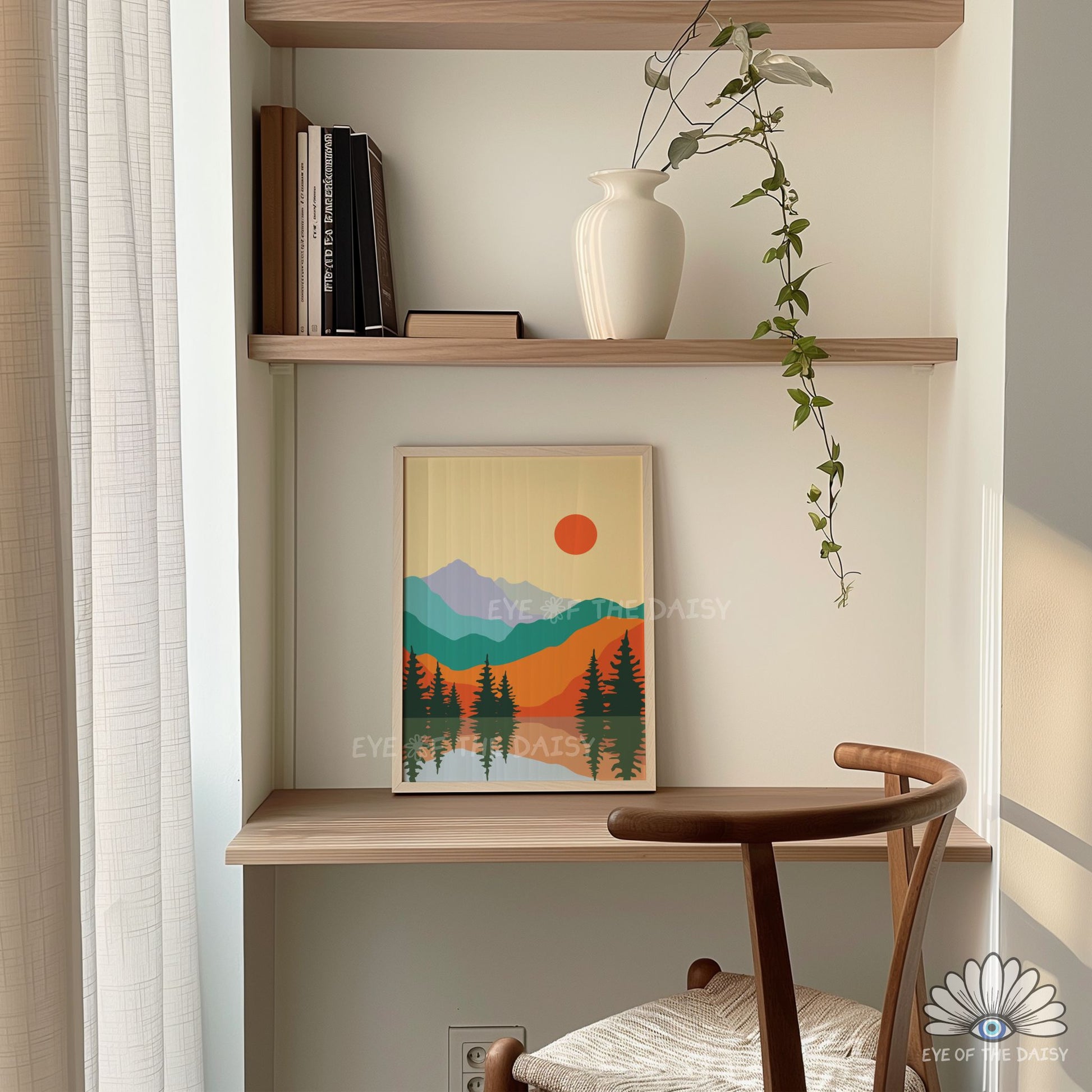 Teal and orange mountain trees lake print, printable wall art download for modern Scandi living room