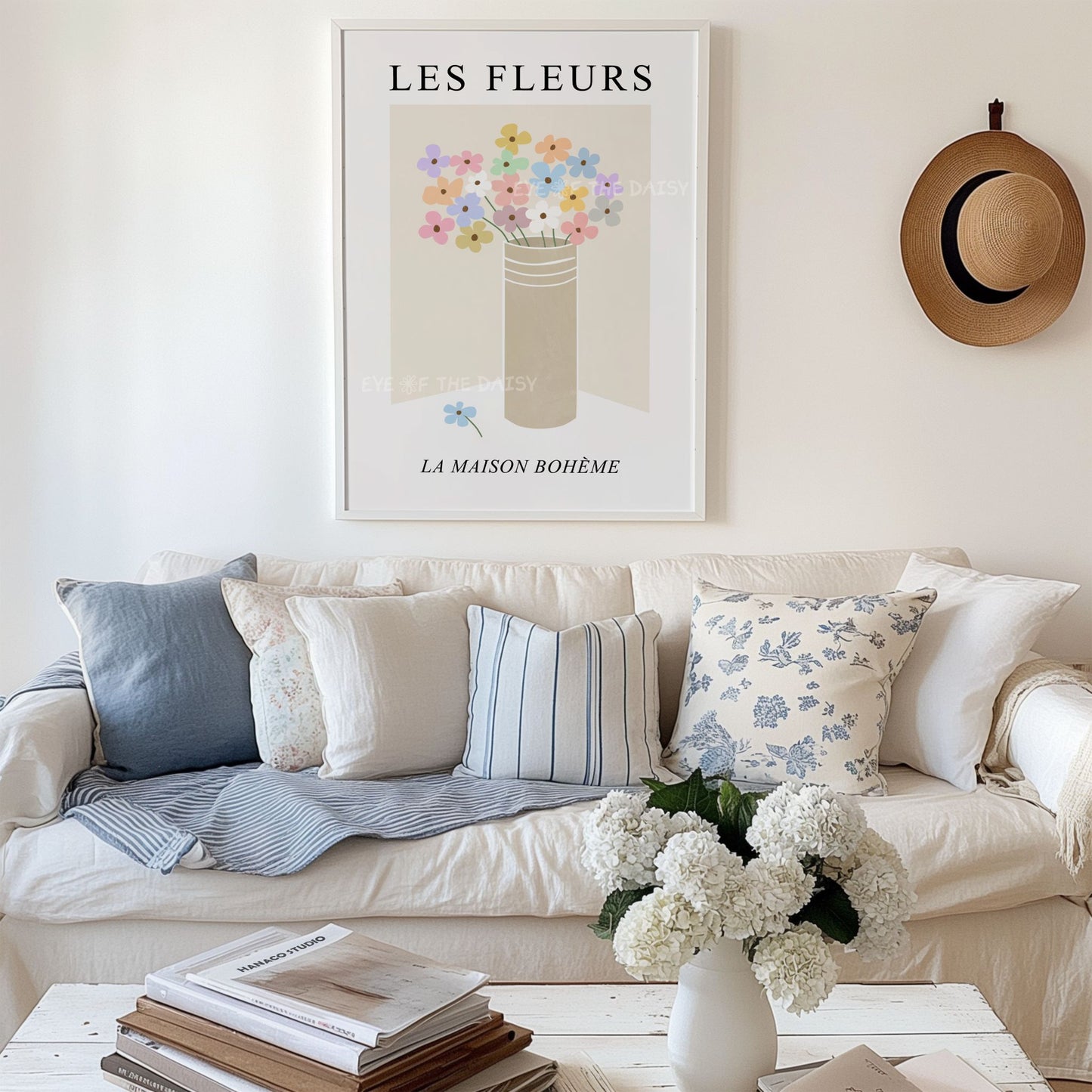 Soft pastel floral Les Fleurs print – minimalist boho chic wall art, digital download perfect for cottagecore living room decor