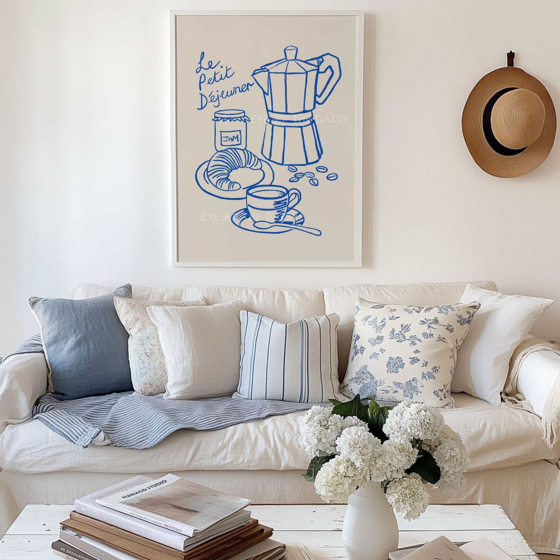Breakfast poster with hand drawn trendy breakfast items displayed on the wall of a cosy cottagecore living room