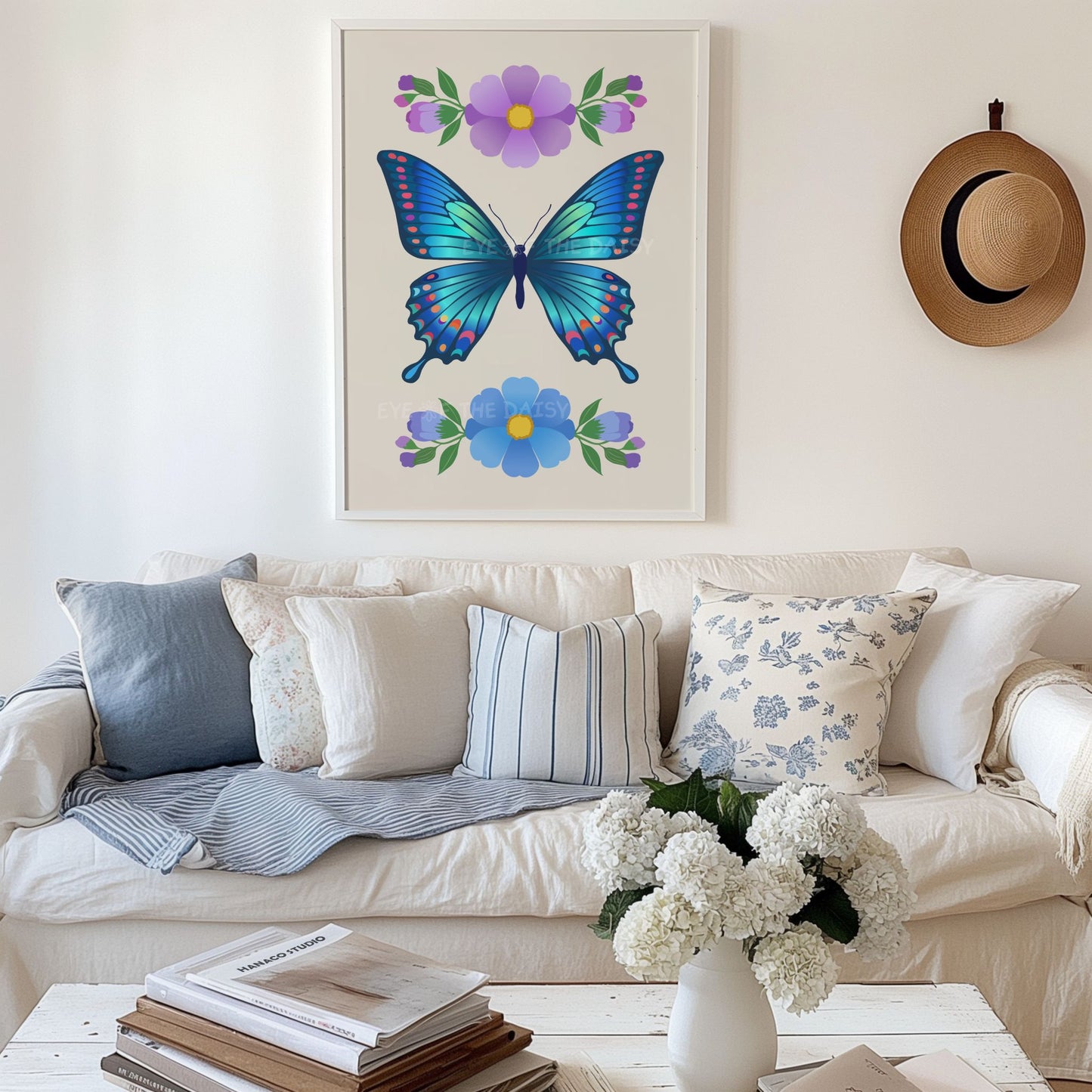 Digital art print of a trendy colourful vibrant blue butterfly with flowers in a vintage farmhouse style living room