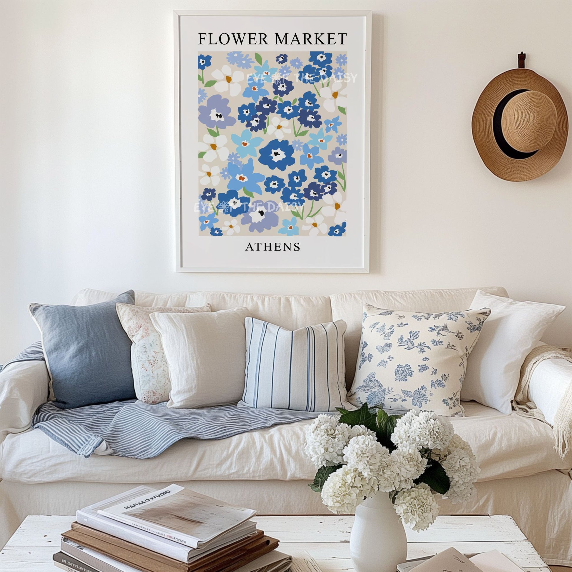 Vintage-inspired flower market poster printable — blue Scandinavian floral digital download, perfect wall art print for cottagecore living rooms