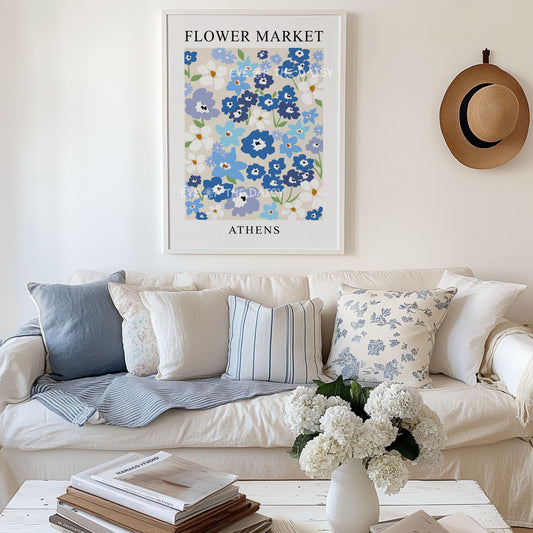 Vintage-inspired flower market poster printable — blue Scandinavian floral digital download, perfect wall art print for cottagecore living rooms