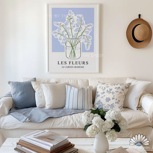 French inspired Les Fleurs poster printable, minimal pastel blue floral wall art for cottagecore decor