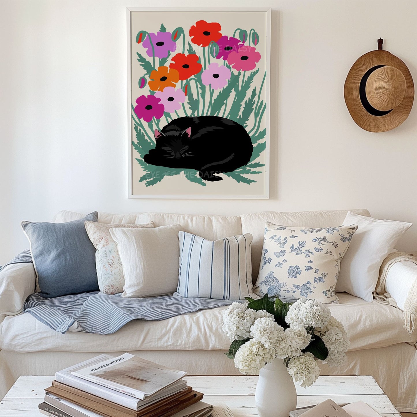 Sleeping cat in poppy field art print, downloadable wall décor for coastal spaces, cozy corner style, printable artwork