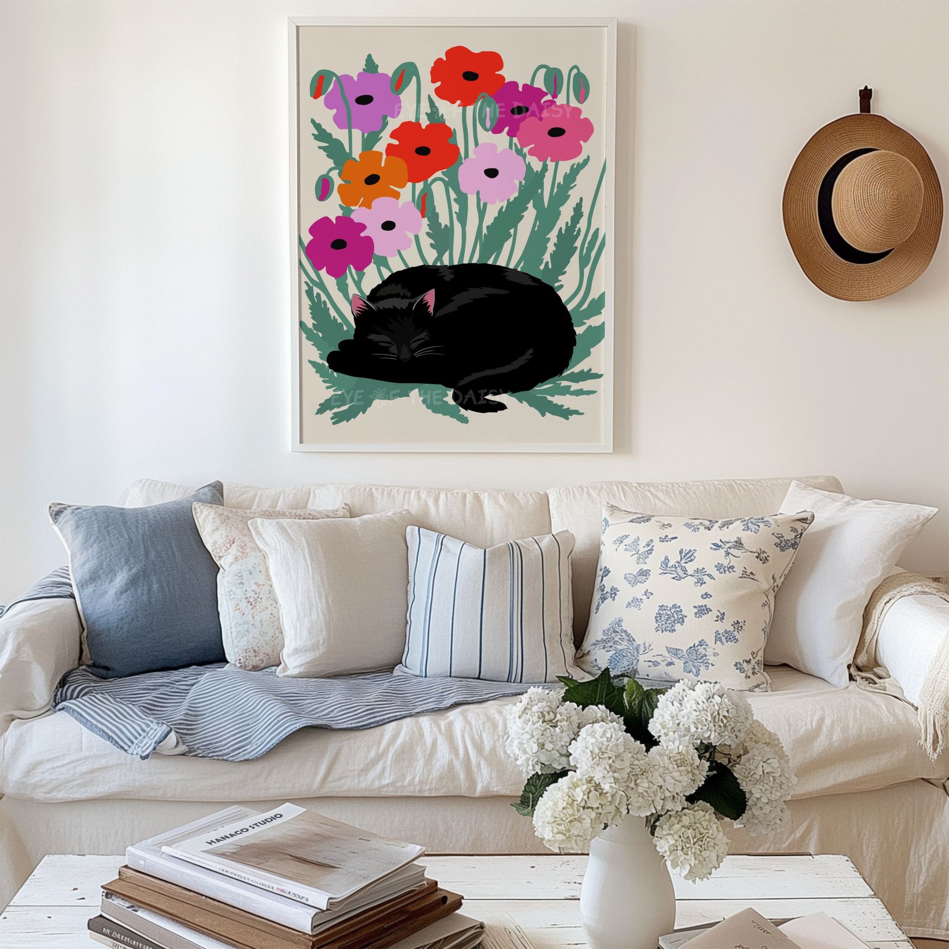 Sleeping cat in poppy field art print, downloadable wall décor for coastal spaces, cozy corner style, printable artwork