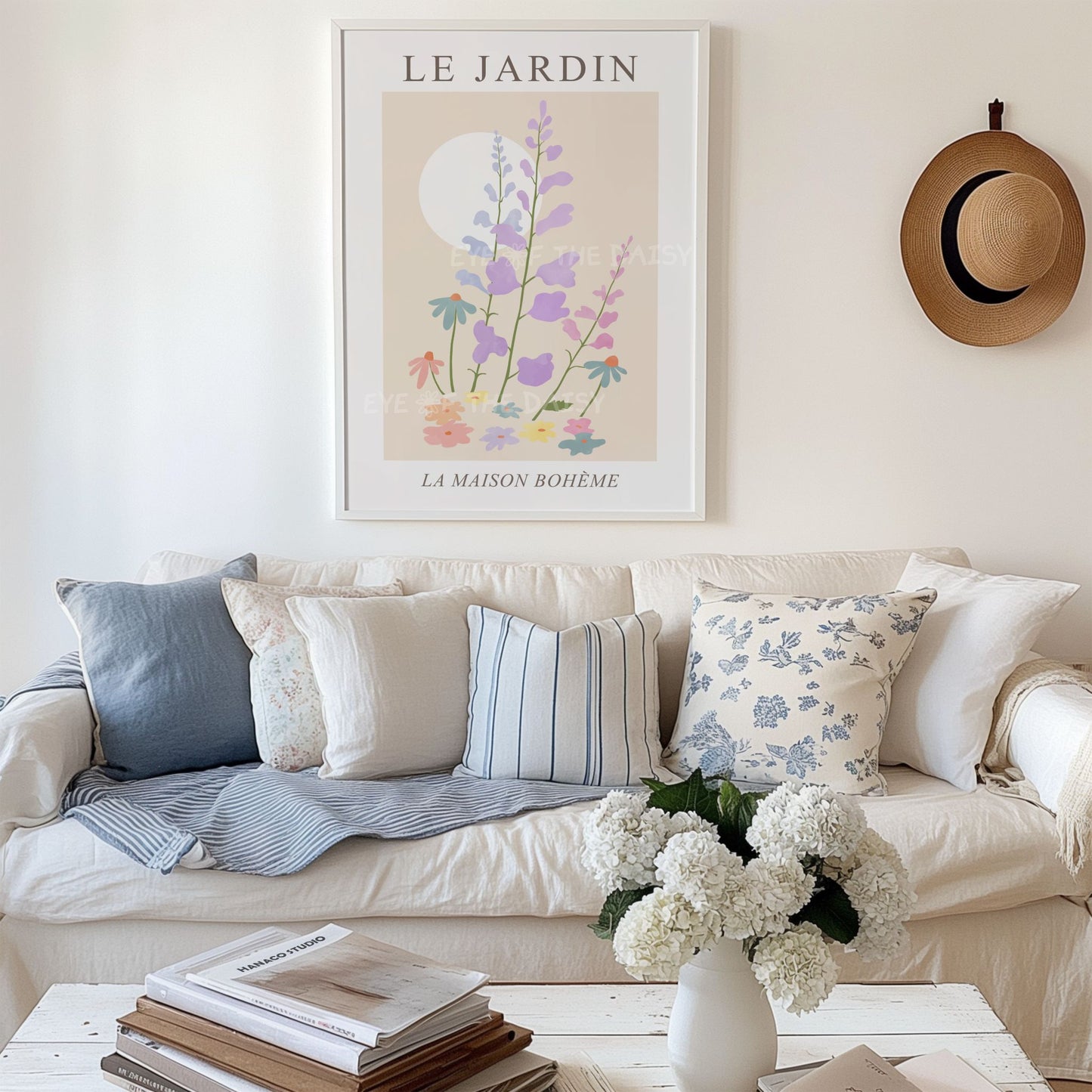 Boho chic floral and butterfly print set — pastel pink and lilac printable posters for a feminine modern living room gallery wall display