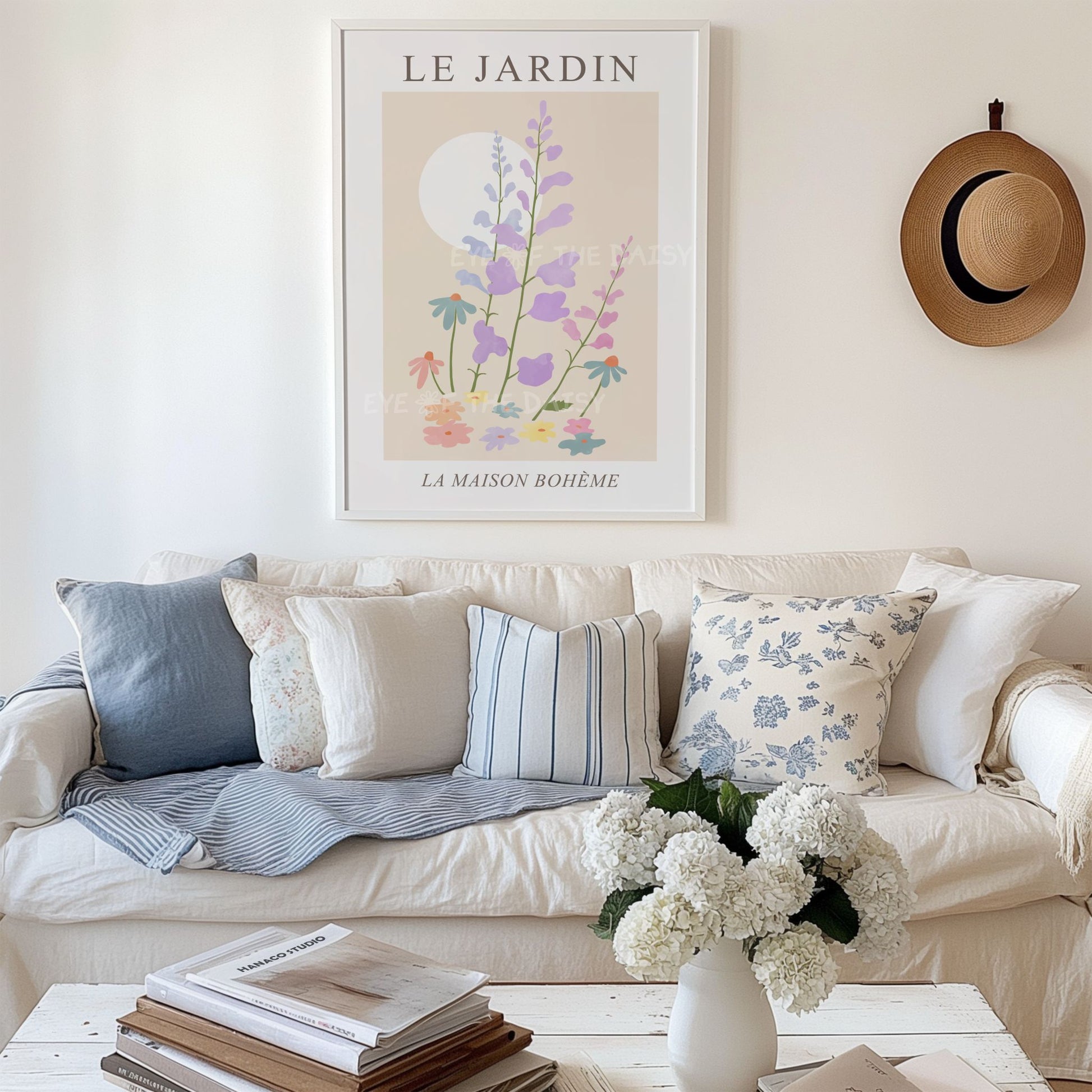 Boho chic floral and butterfly print set — pastel pink and lilac printable posters for a feminine modern living room gallery wall display