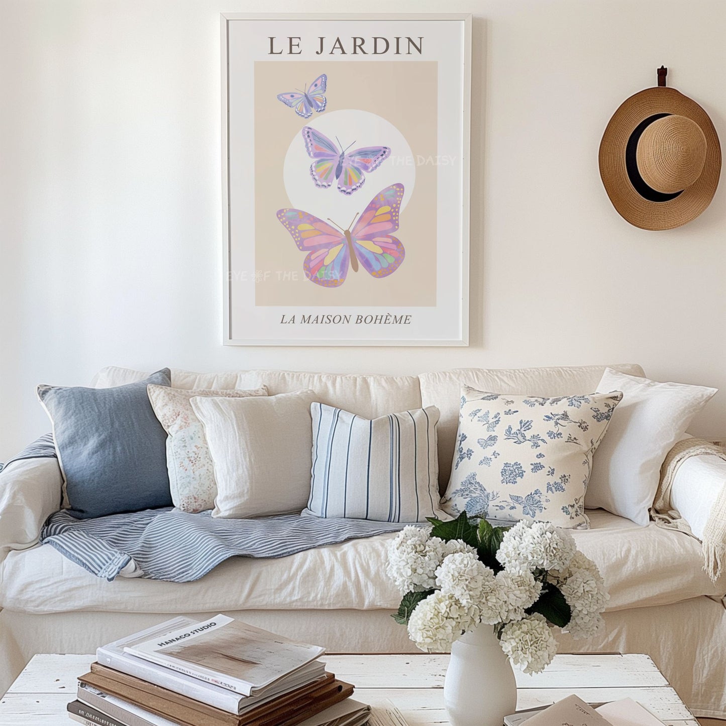 Printable wall art with purple lilac and butterflies – soft pastel decor download for living room gallery wall, botanical boho chic style