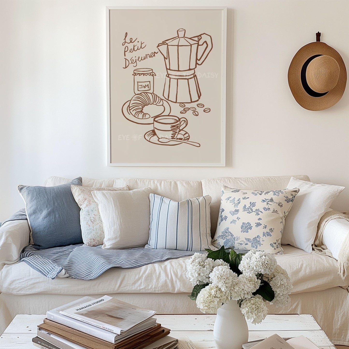 "Le Petit Dejeuner" breakfast print with hand drawn coffee and croissant illustration in brown on beige, great for the kitchen
