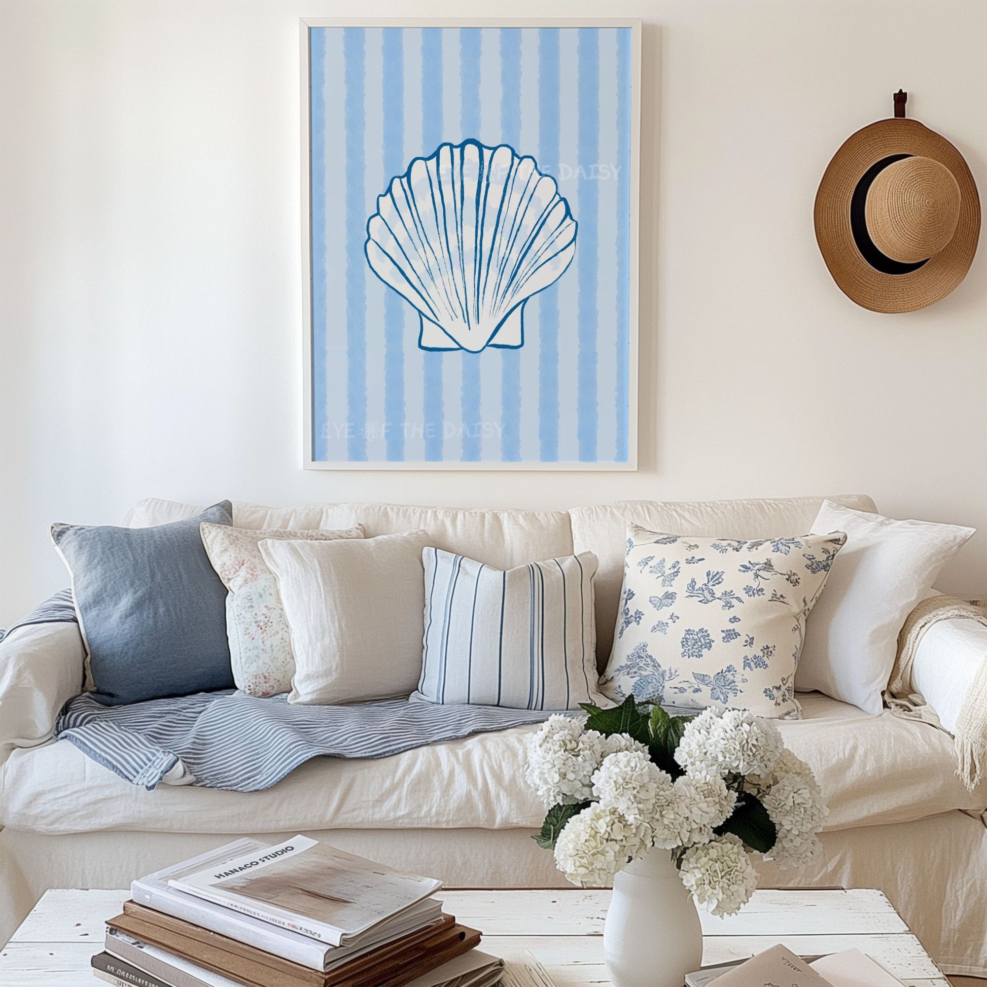 Coastal cowgirl printable wall art print of hand-drawn white shell on light blue stripes – Hamptons East Coast decor