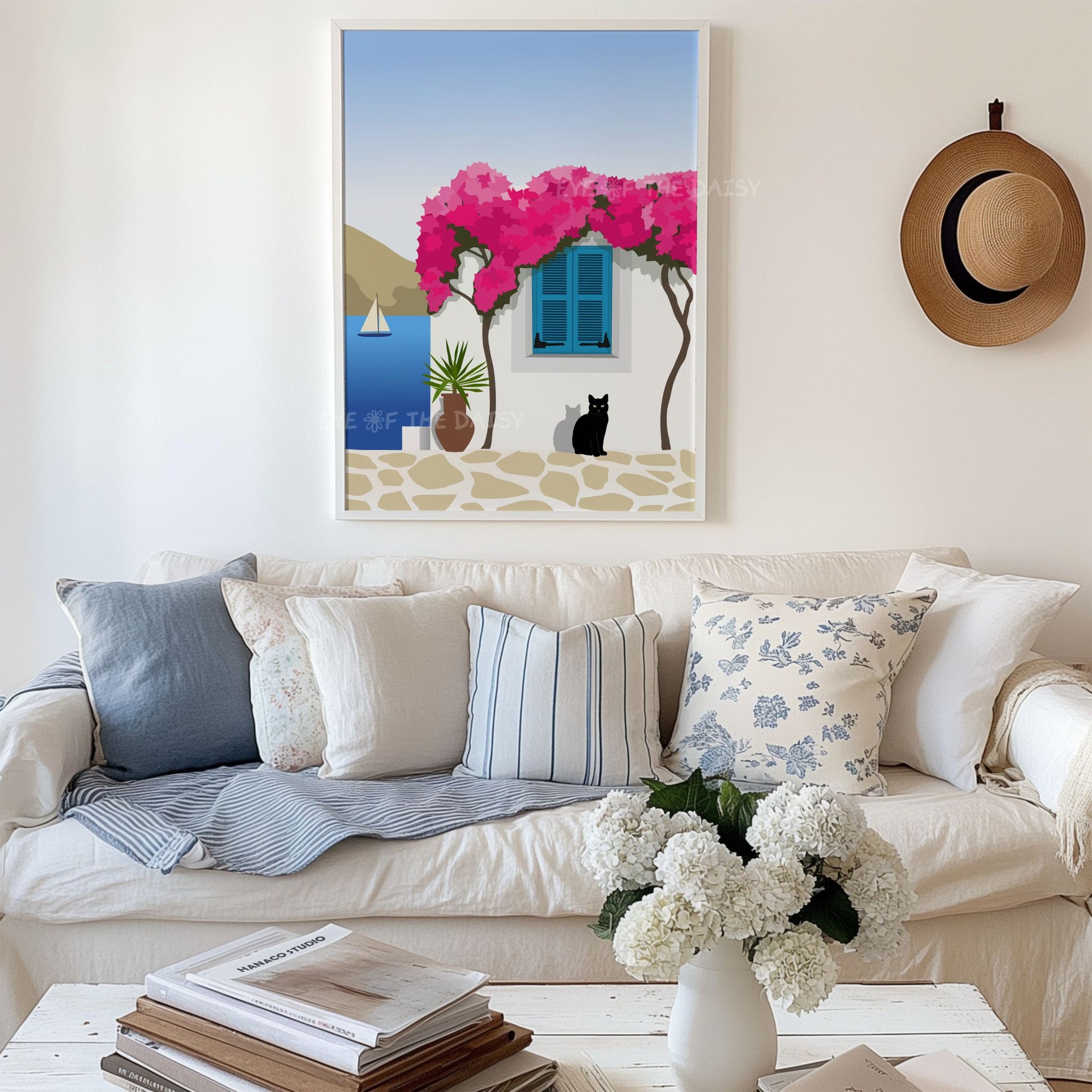 Cute Greece illustration print — Paros house with flowers and cat, digital download poster ideal rustic farmhouse living decor