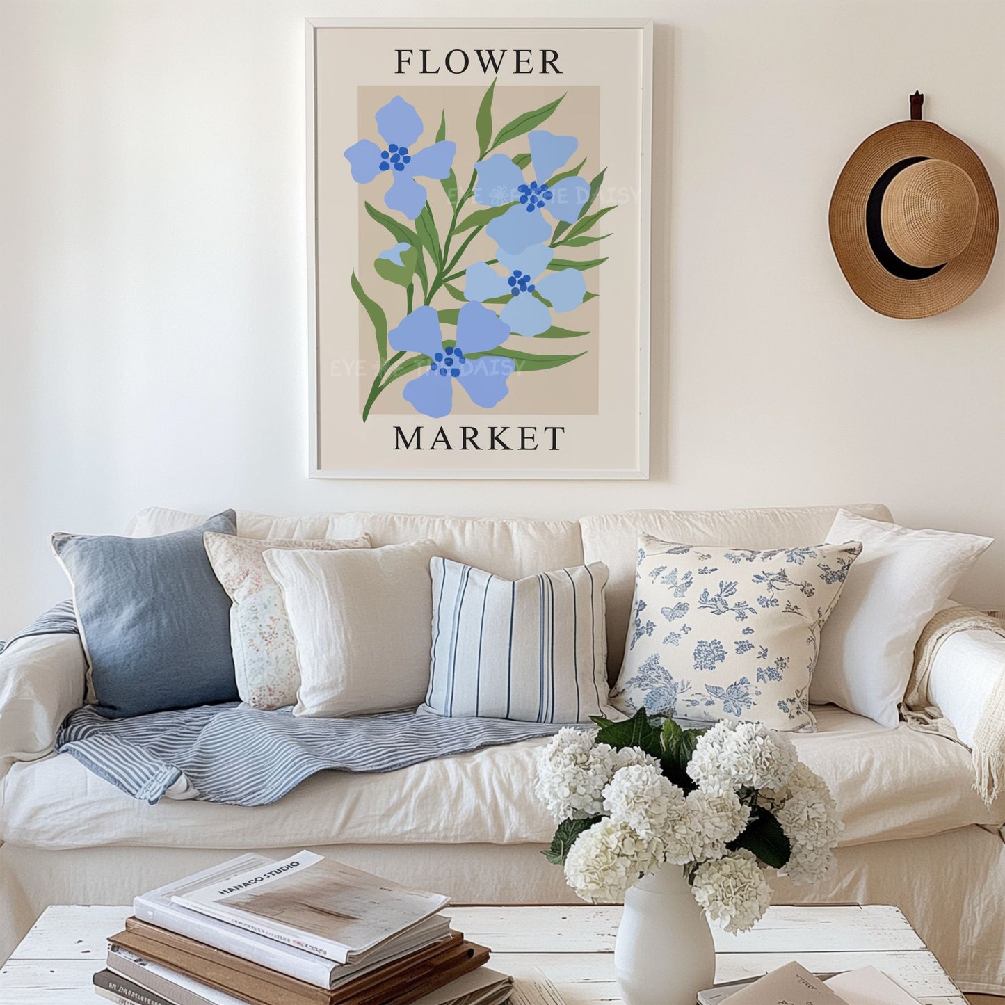 Flower Market art print, minimal botanical wall décor in soft blue tones, wall print download for calm, modern coastal living room