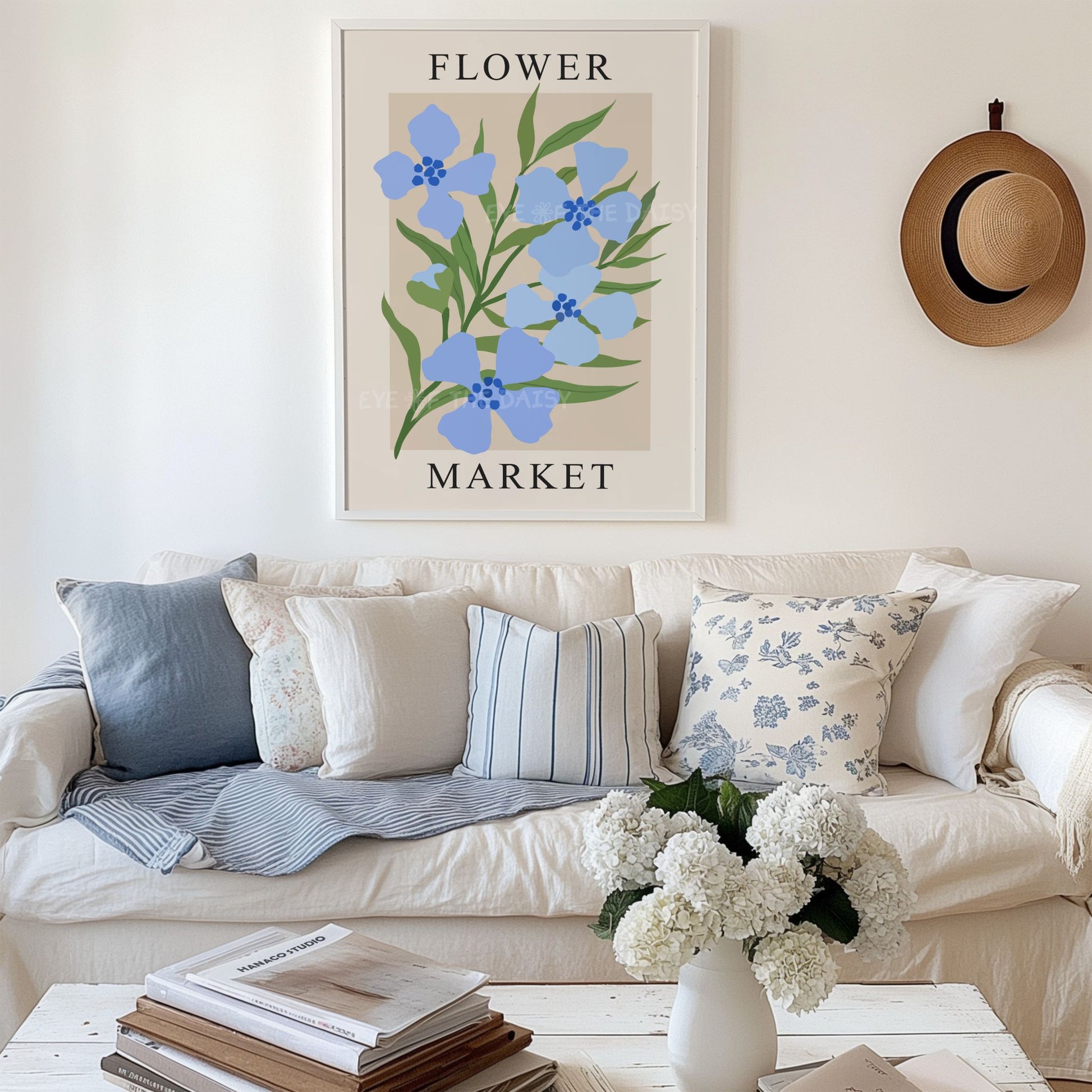 Flower Market art print, minimal botanical wall décor in soft blue tones, wall print download for calm, modern coastal living room