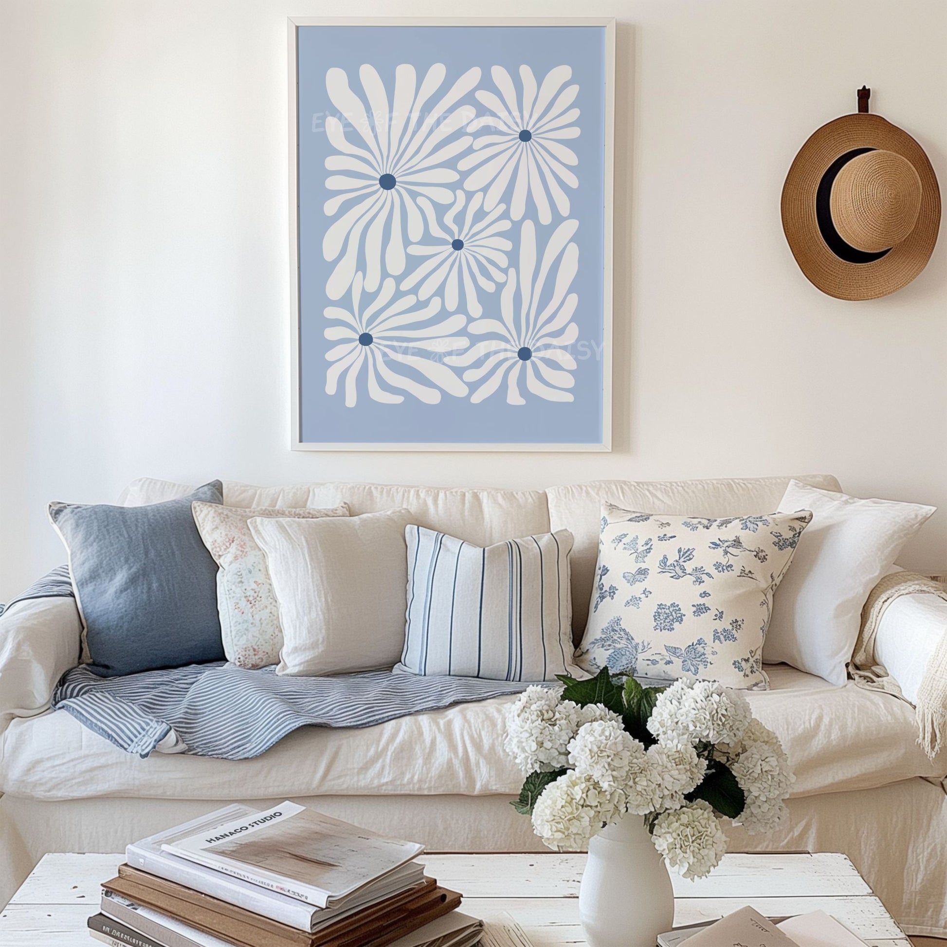 Contemporary abstract floral wall art set of 4 – navy, pale blue, beige cut-out prints, digital download perfect for modern living room decor