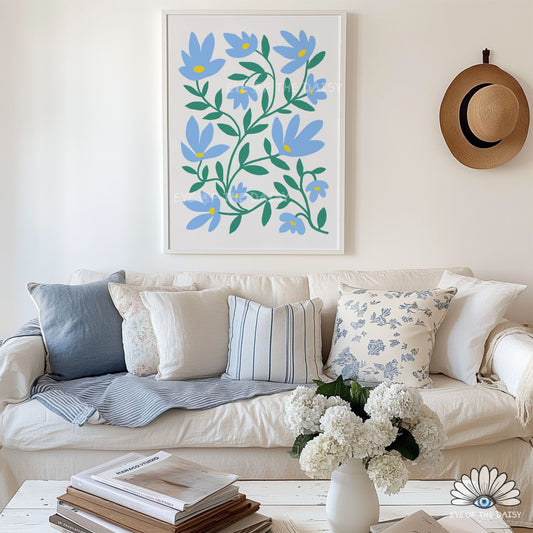 Blue Abstract Flowers Printable Wall Art | Sky Blue Botanical Print Digital Download | Whimsical Floral Print