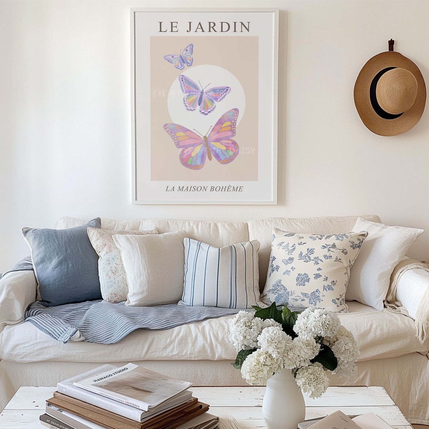 Le Jardin pastel floral triptych with butterfly – soft pink, lilac, beige botanical printable art, perfect for trendy apartment gallery wall