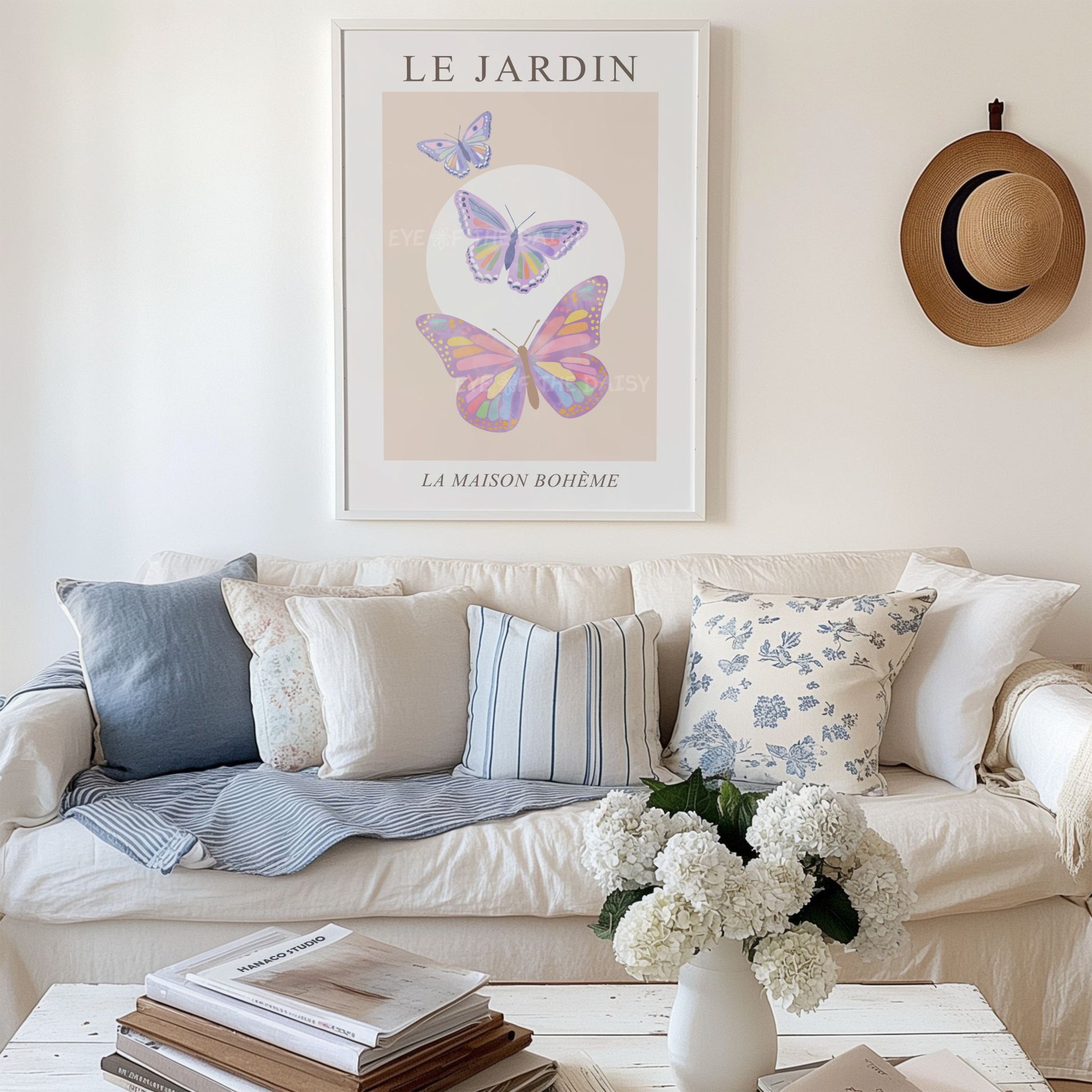 Le Jardin pastel floral triptych with butterfly – soft pink, lilac, beige botanical printable art, perfect for trendy apartment gallery wall