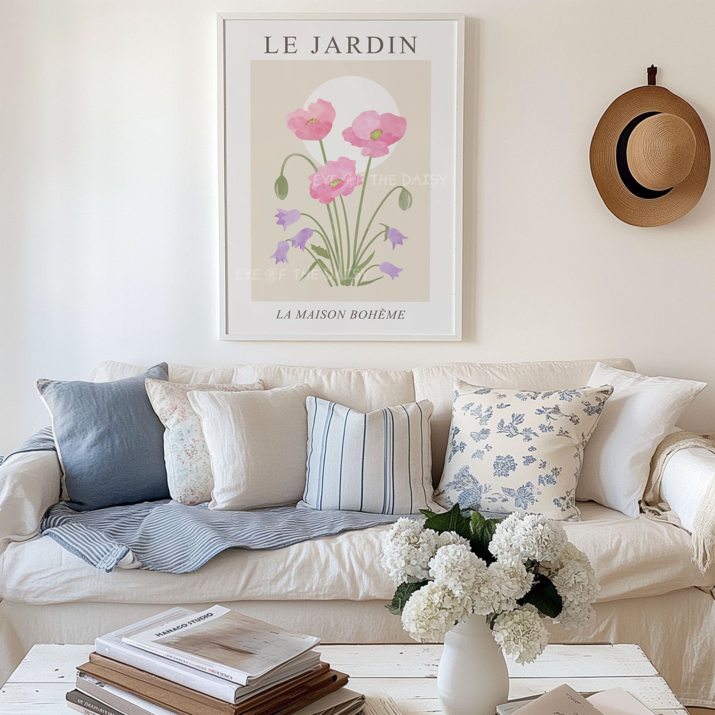 Printable pink poppies wall art – soft botanical floral print download, perfect DIY decor for boho chic or modern country-style living room