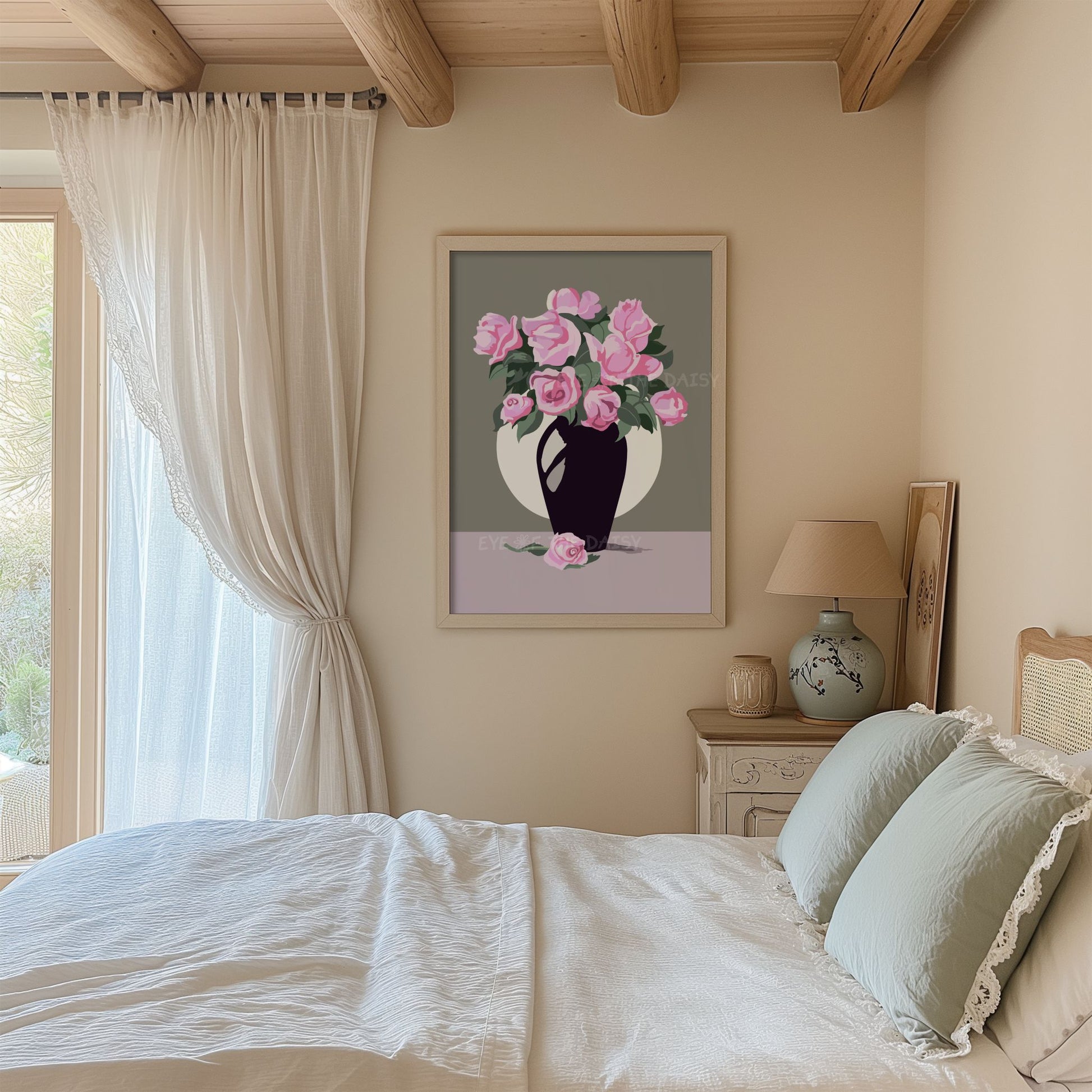 Romantic printable wall art featuring hand-drawn pink roses — perfect for a cozy reading nook, cottagecore bedroom, or boho gallery wall