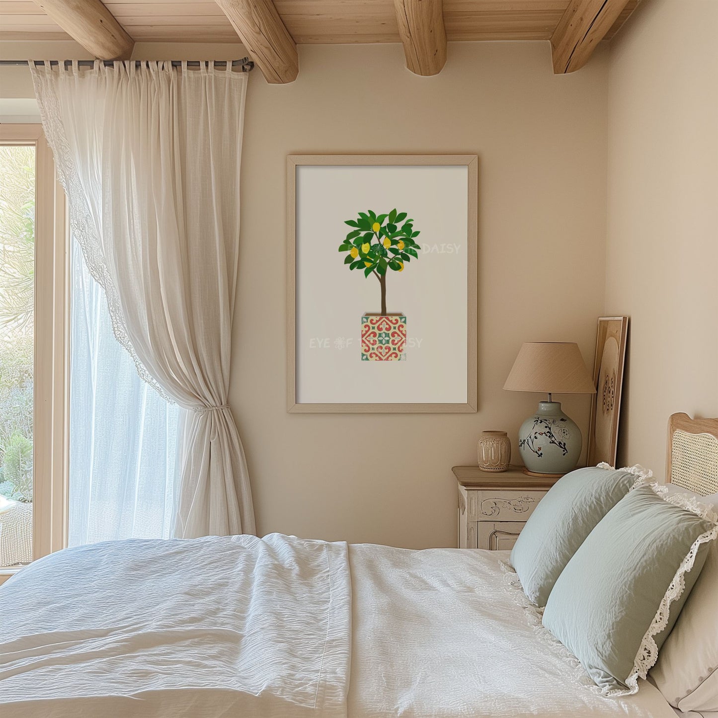 Summer rental botanical lemon tree print – minimalist colorful printable art featuring Mediterranean tile pot, perfect for vacation home decor