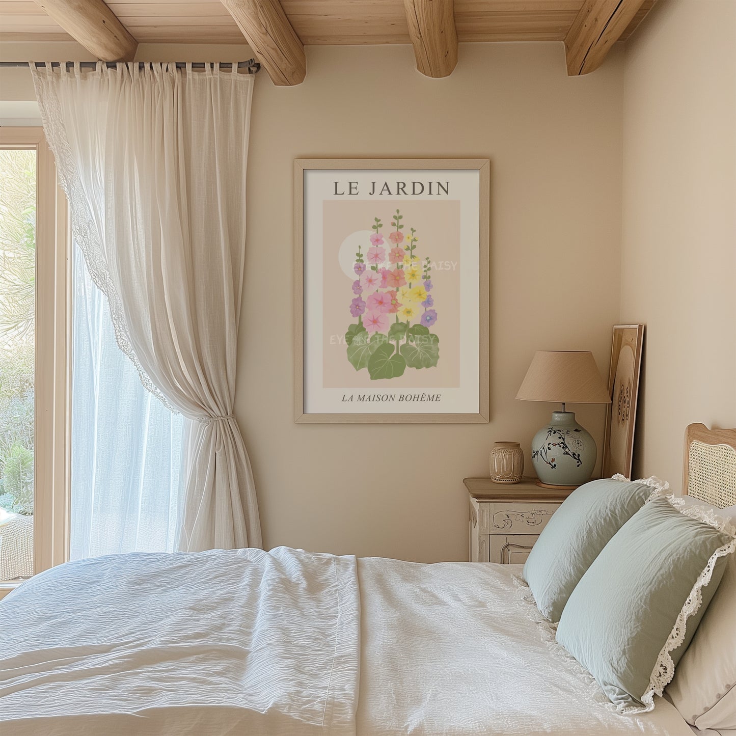 Printable floral digital download — Le Jardin pastel Hollyhock poster ideal for vintage farmhouse bedrooms or cozy reading nooks with DIY wall decor