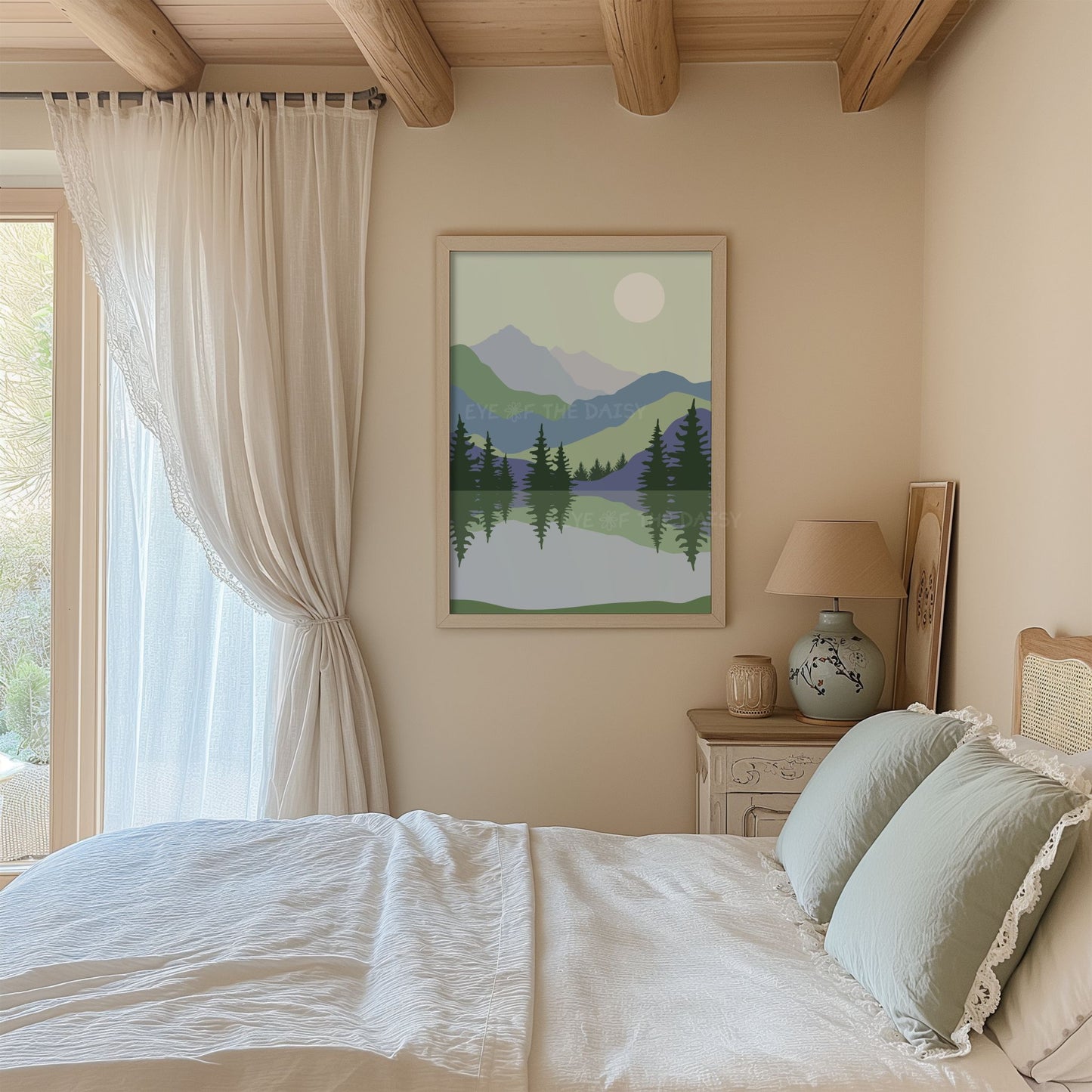 Sage green & blue mountain trees landscape digital art print displayed on the wall of a neutral tone, cozy country cottage bedroom