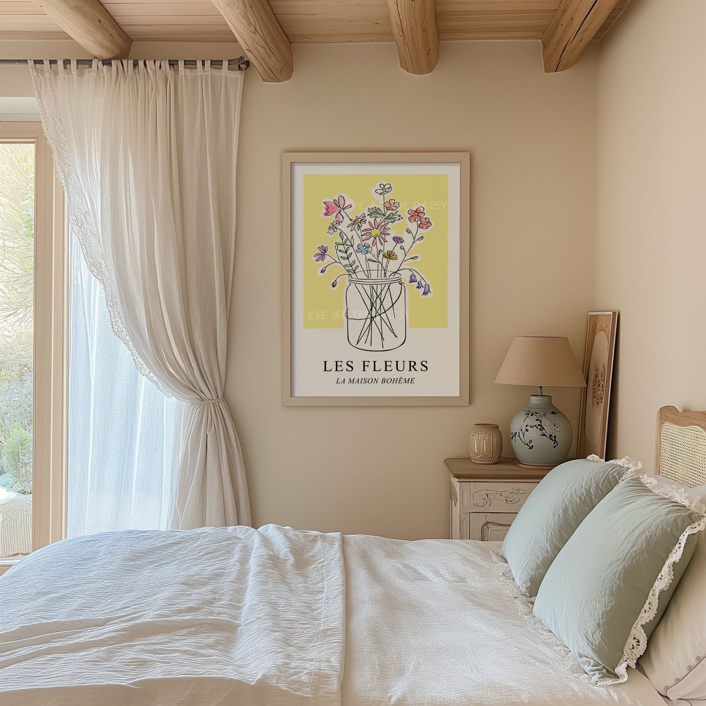 Pastel flower jar print – hand drawn wildflowers in soft yellow, printable boho French cottage wall art for feminine bedroom gallery wall