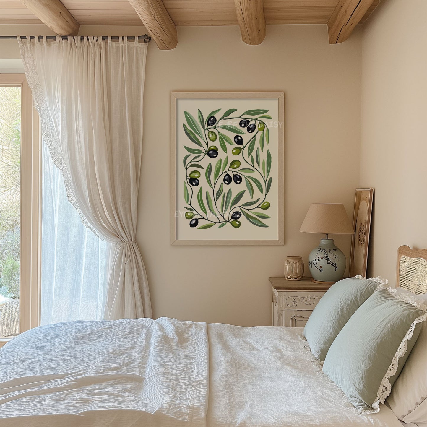 Mediterranean olive tree wall art – abstract botanical print in beige and green, digital download perfect for vintage farmhouse bedroom