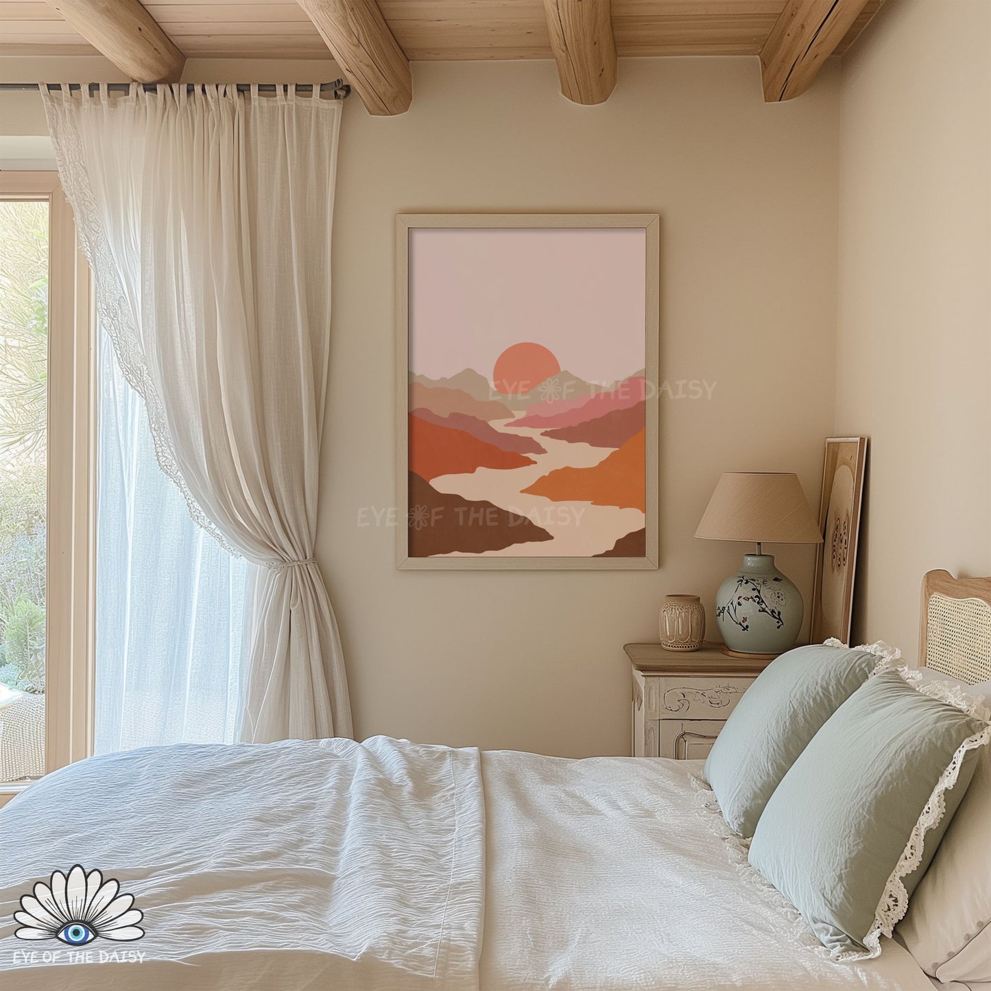 Boho river printable wall art, nature scenery mountains art print digital download for boho rustic bedroom decor
