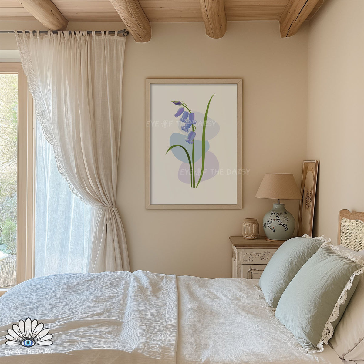 light blue bluebell plant wall art printable, simple modern floral poster for bathroom or bedroom