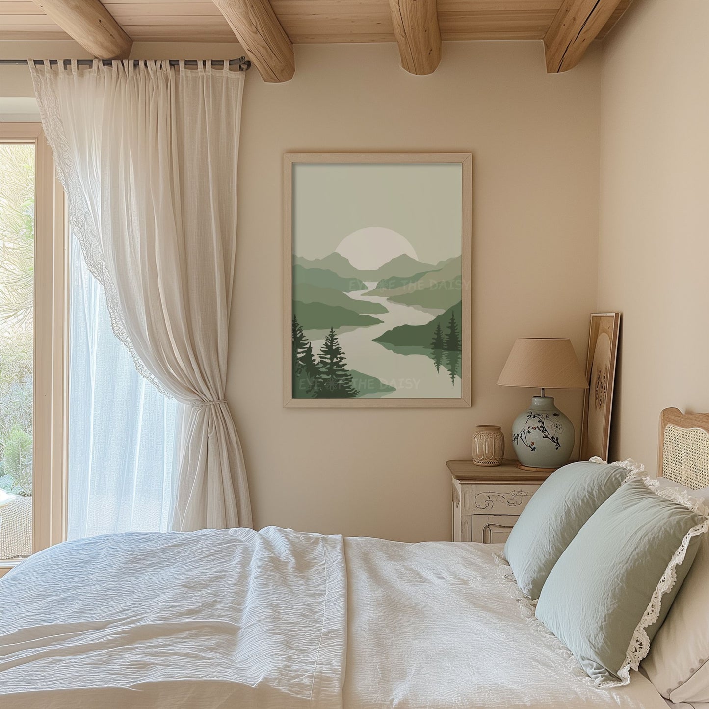 Mid century modern mountain boho landscape print in sage green tones in a vintage country cottage style bedroom