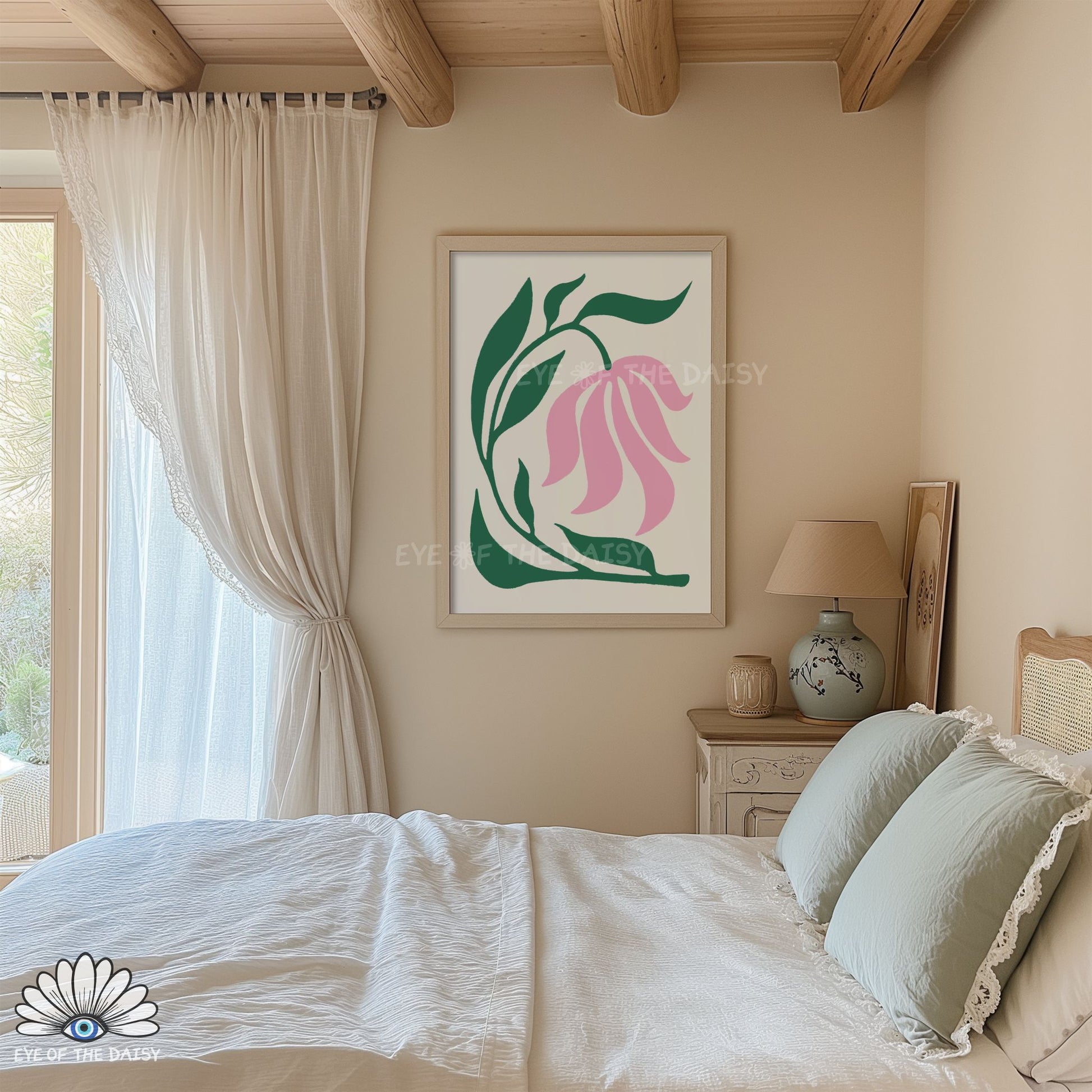pastel pink and green abstract flower print, girly cottagecore wall art for cozy bedroom corners