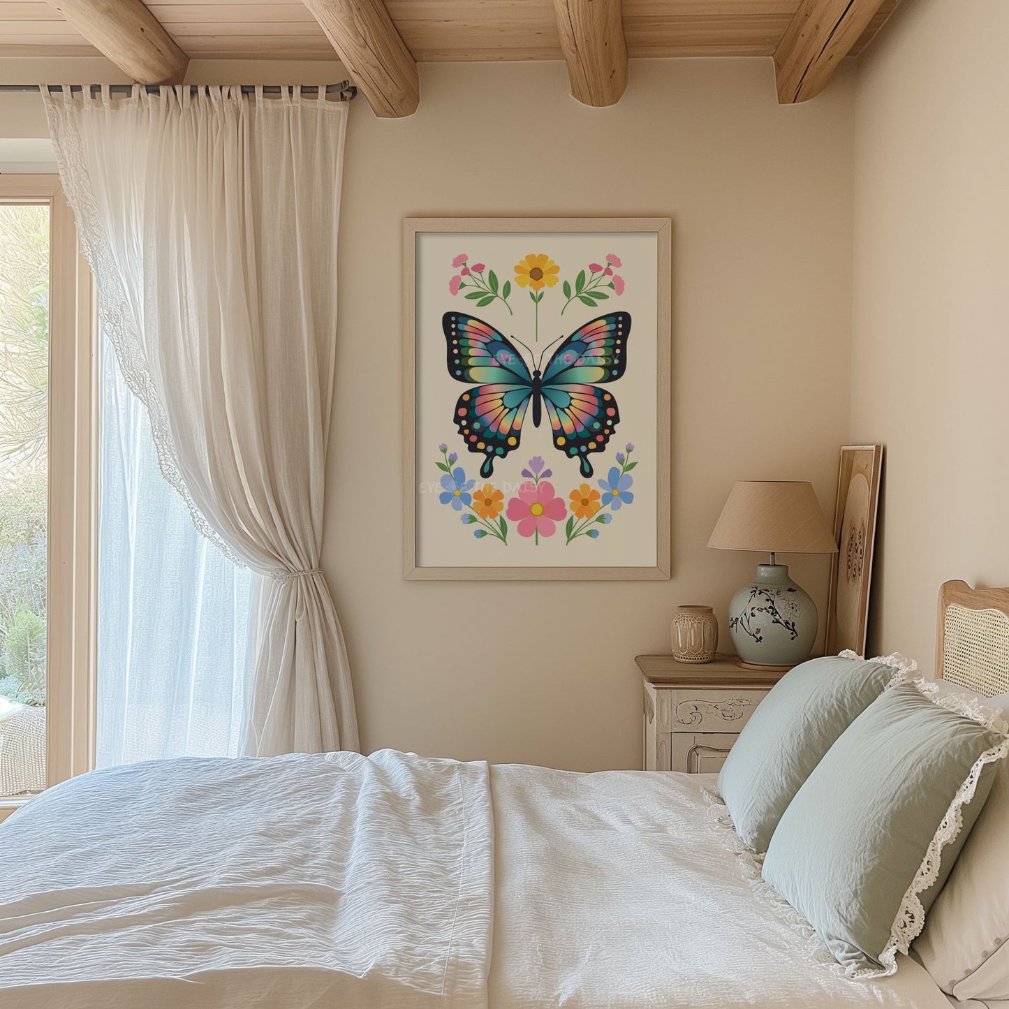 Vintage cottage country bedroom with a colorful folk art style butterfly and floral art print