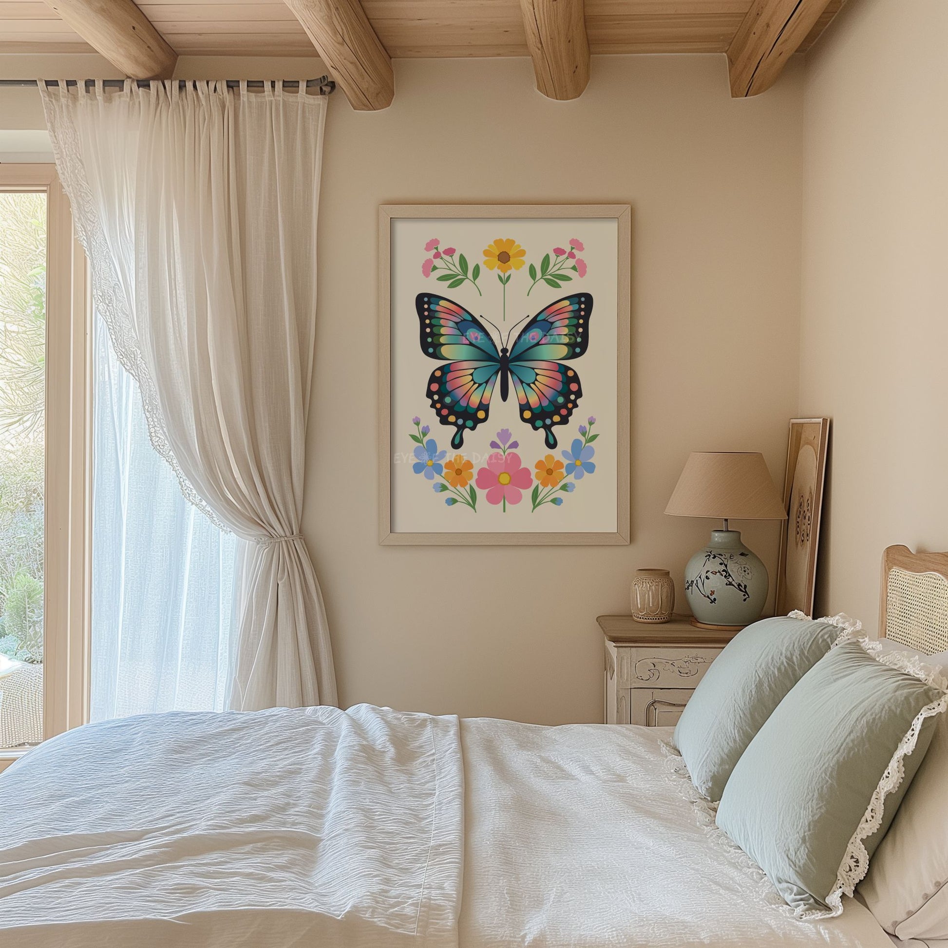 Vintage cottage country bedroom with a colorful folk art style butterfly and floral art print