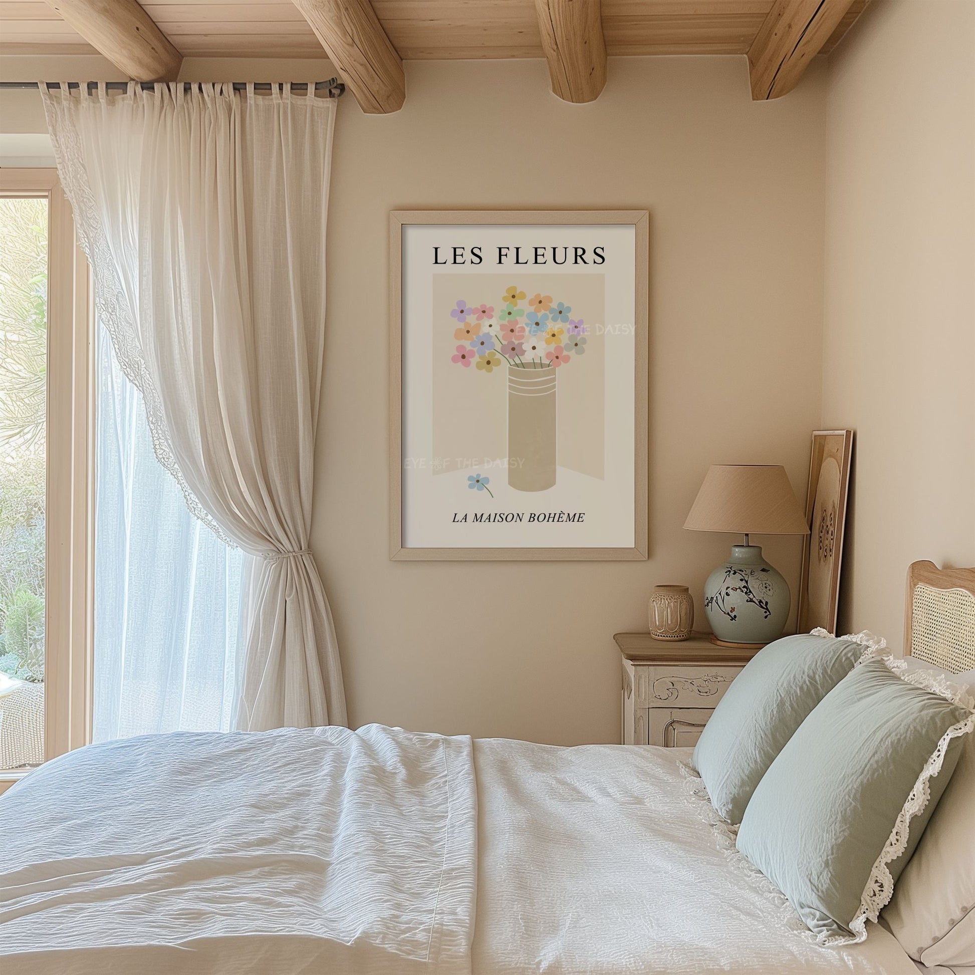 Les Fleurs pastel floral poster – soft boho flowers in beige vase, downloadable wall art perfect for pretty feminine bedroom decor