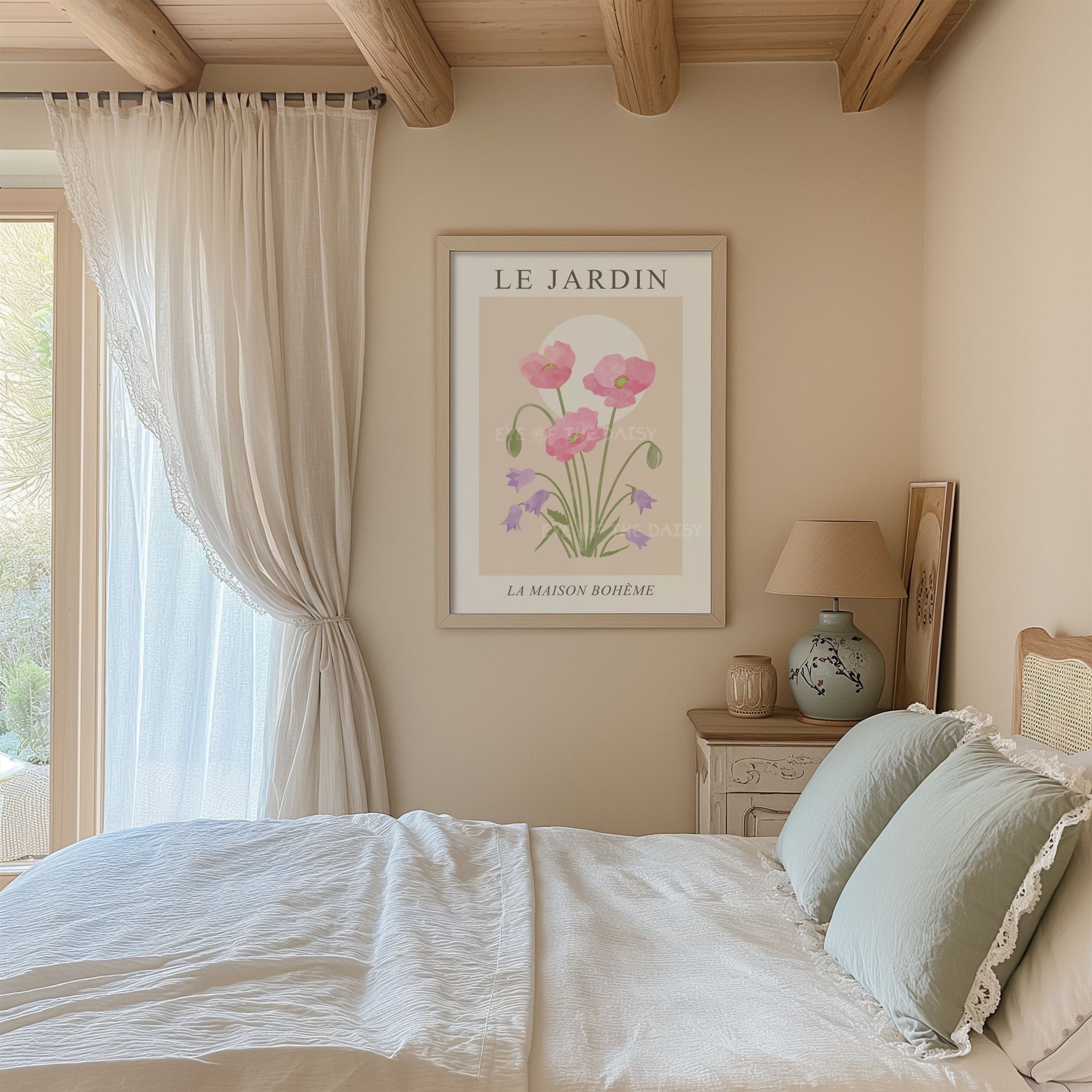 Le Jardin botanical print set of 3 – minimalist pastel floral wall art in pink, lilac, and beige, elegant French-style decor for a bedroom