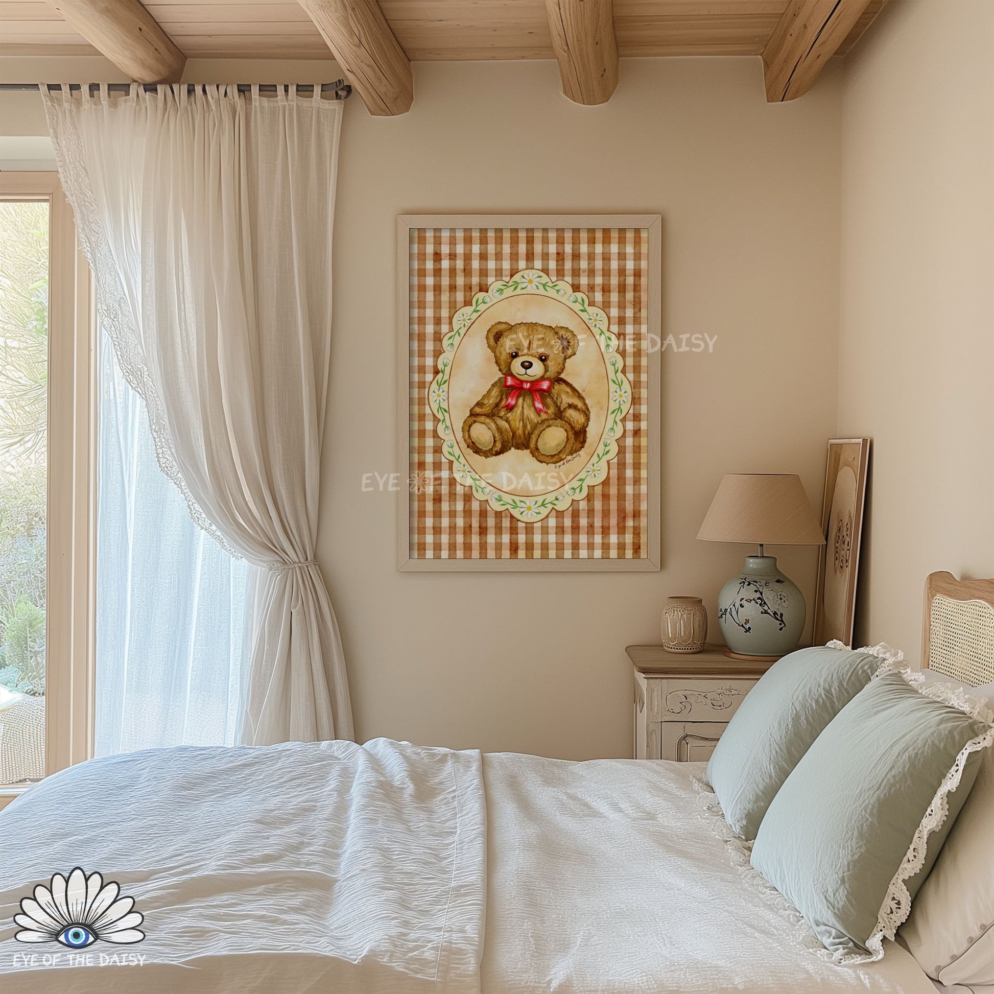 coquette teddy bear illustration for a whimsical childrens room, ideal for a cozy kids room