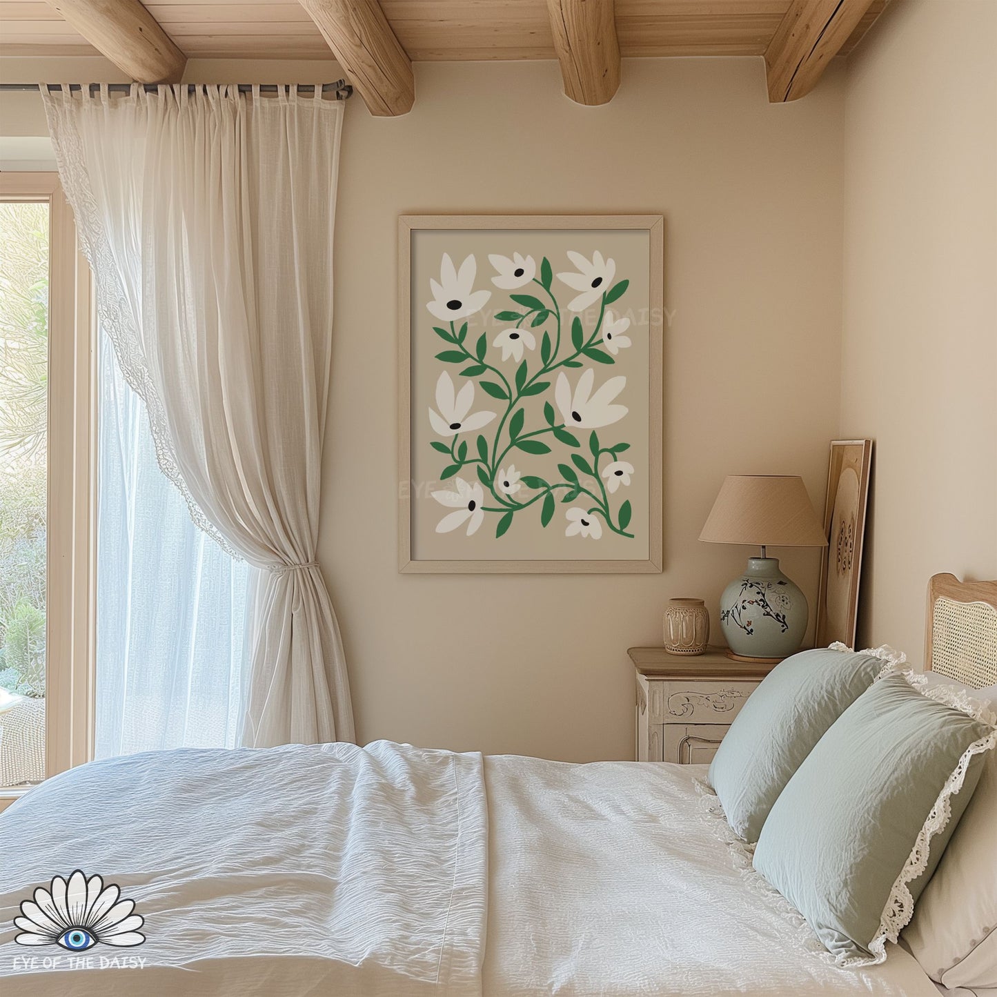 Boho neutral floral printable poster, white and green botanical digital download for bedroom