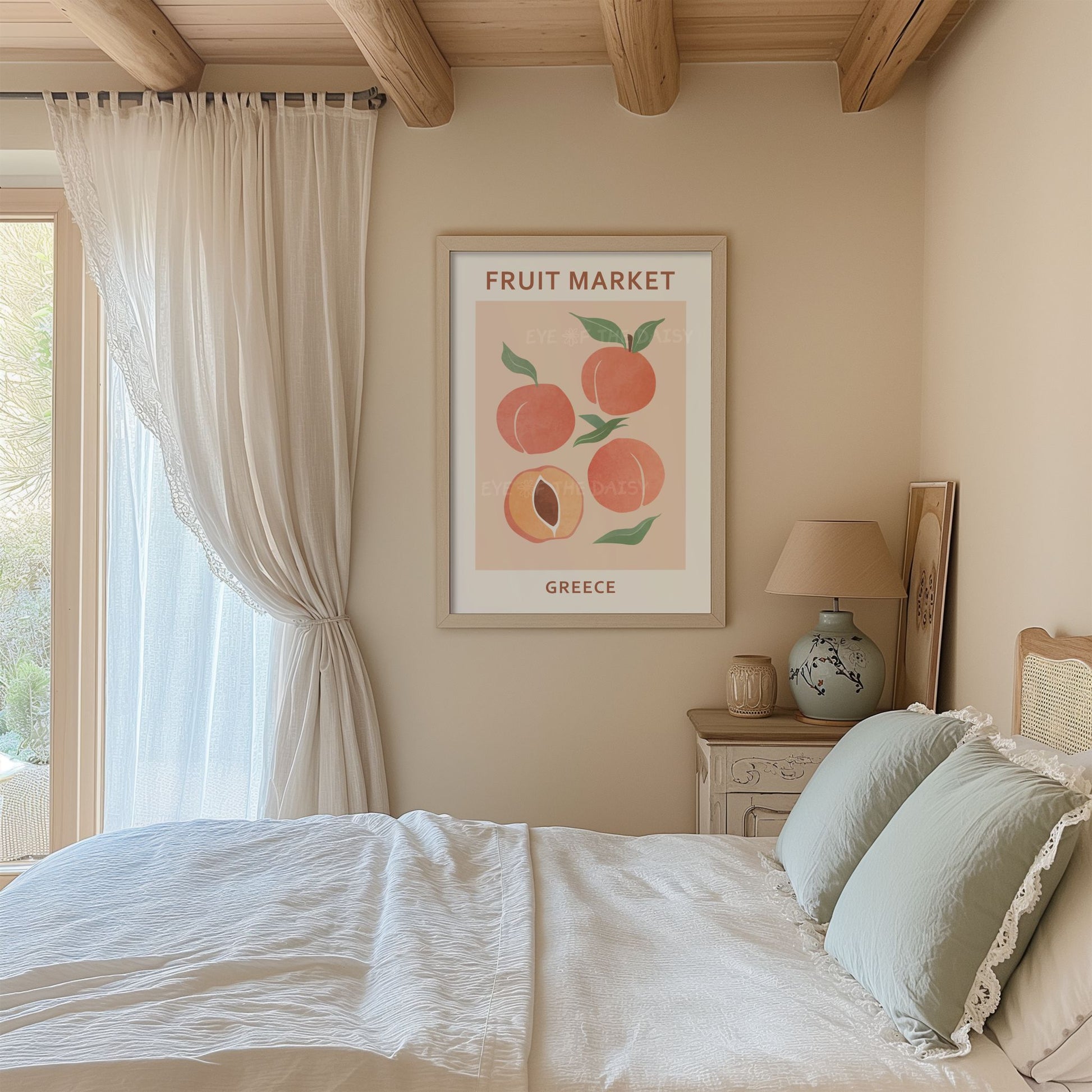 Peach printable poster — Fruit Market Greece digital download art for botanical or dopamine-inspired gallery walls