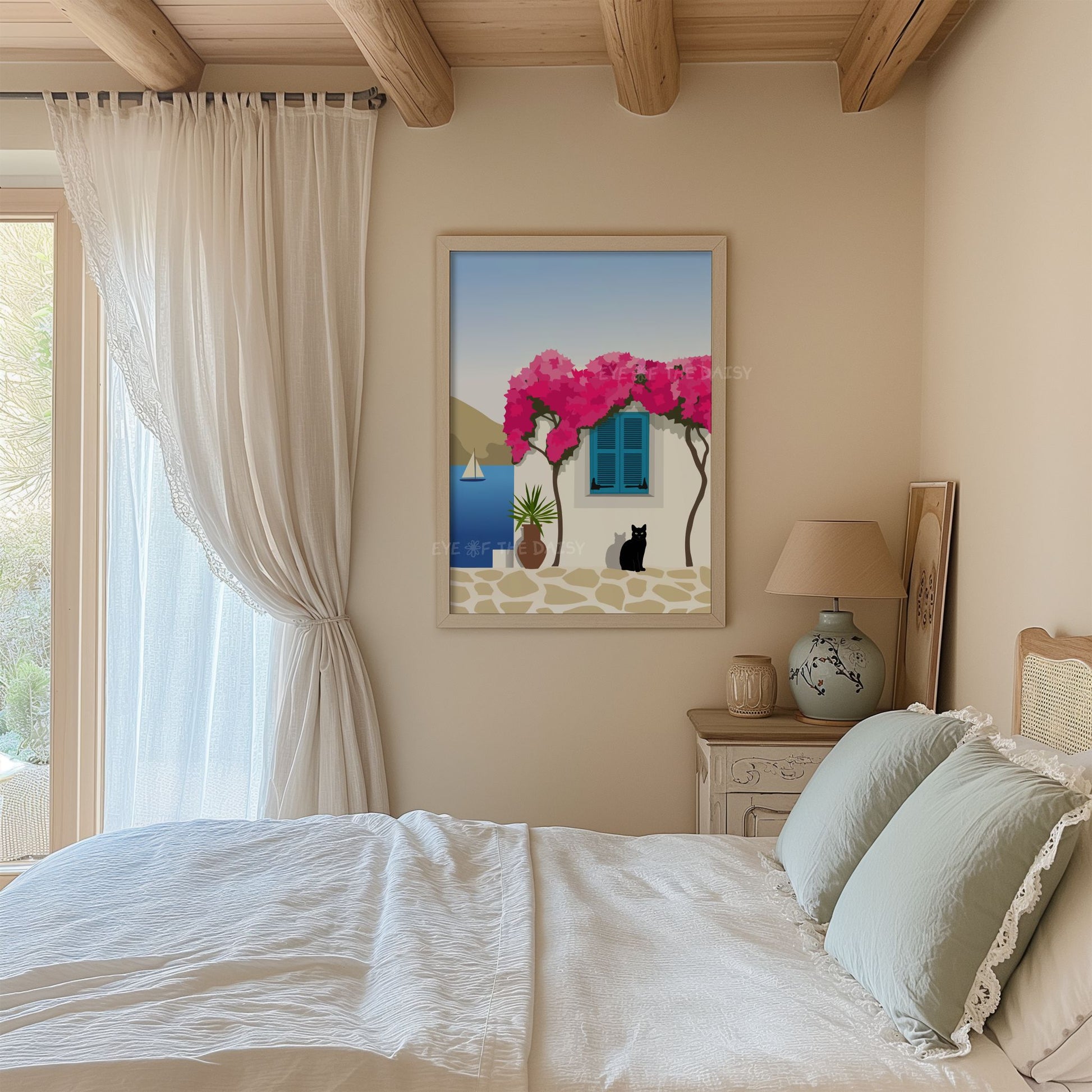 Romantic Paros illustration wall print — Greek island poster with flowers and cat, digital download perfect cottagecore bedroom decor