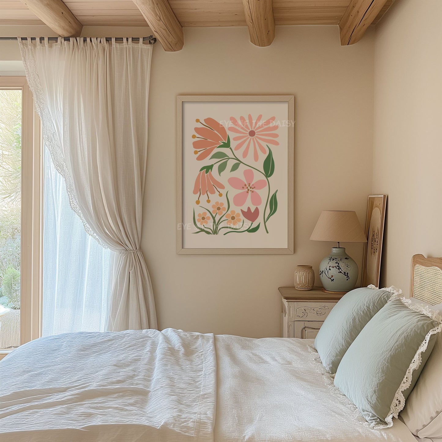 Boho blush botanical poster – printable floral wall art with soft cut-out flower, perfect for cozy dorm room or college bedroom decor